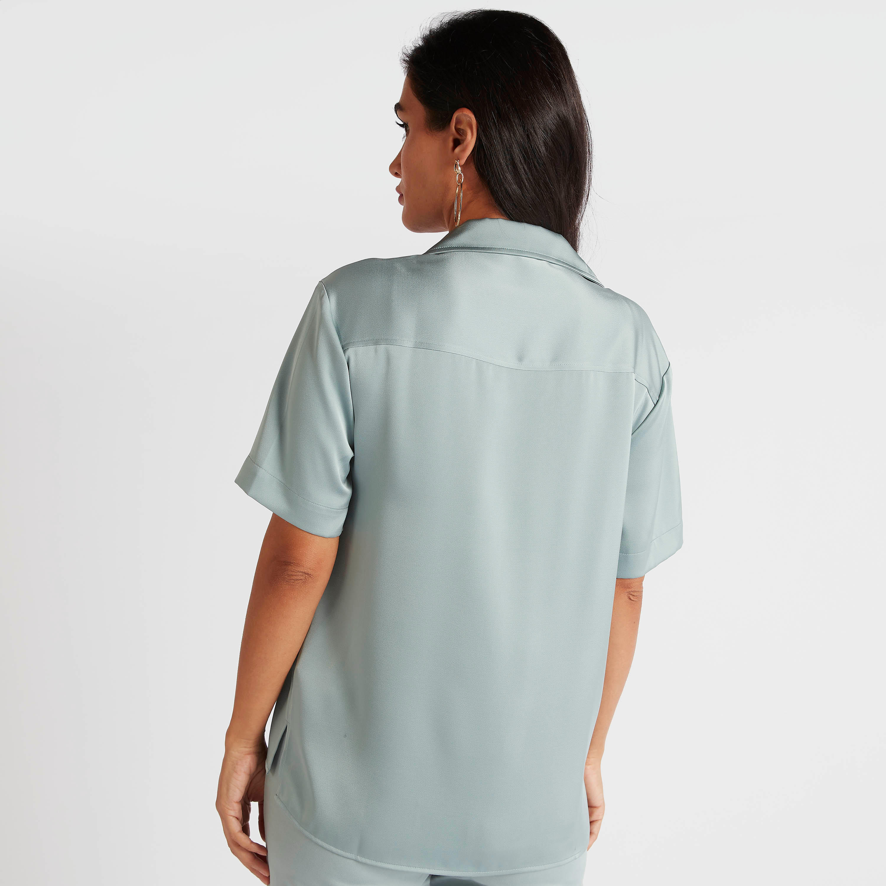 Solid Collared Shirt with Short Sleeves and Flap Pockets-women-clothing-shirtsandblouses-shirts-image-4