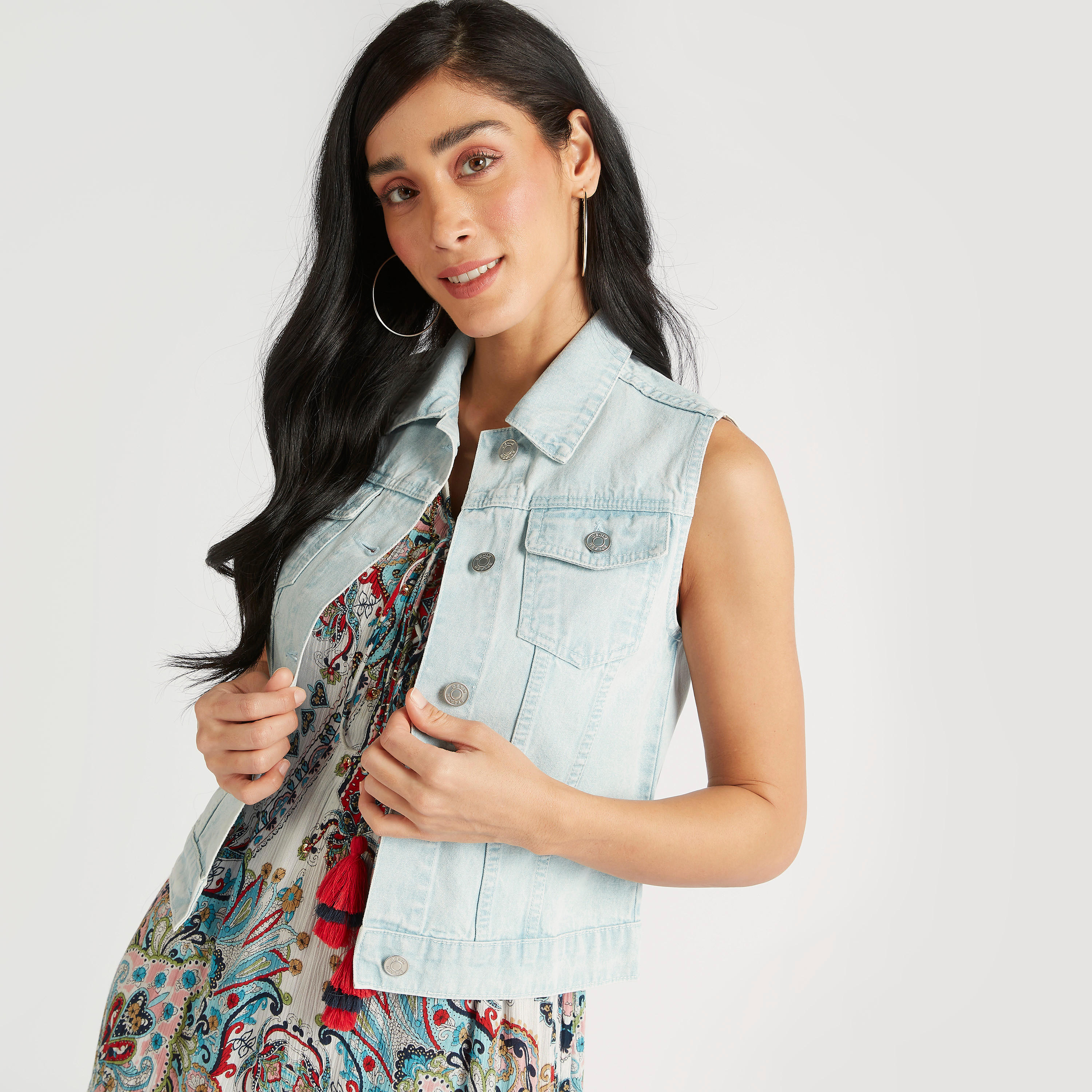 Solid Sleeveless Denim Jacket with Button Closure and Pockets-women-winterwear-coatsandjackets-jackets-image-1