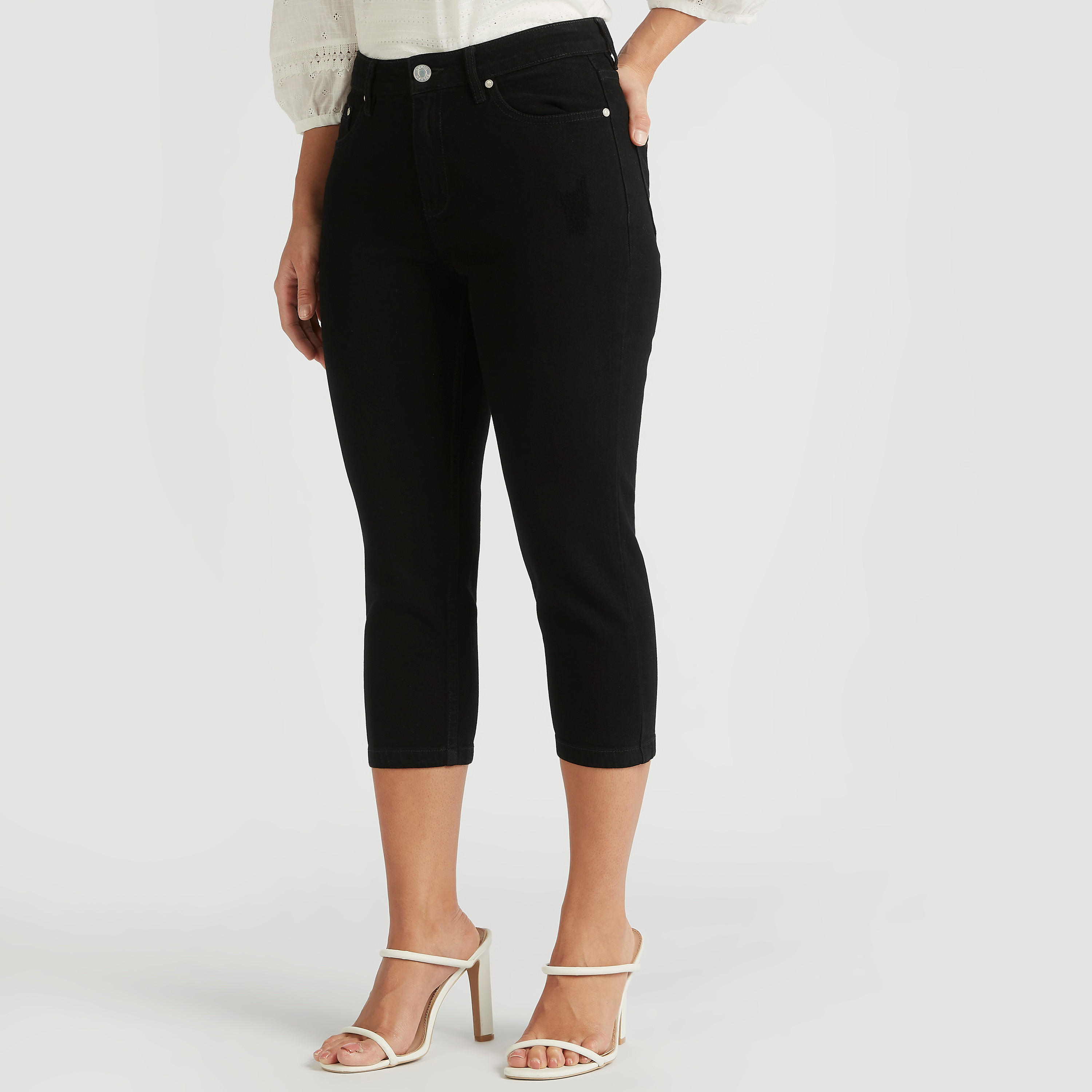 Solid Mid-Rise Capri Jeans with Pockets and Distressed Detail-women-clothing-bottoms-jeans-image-1