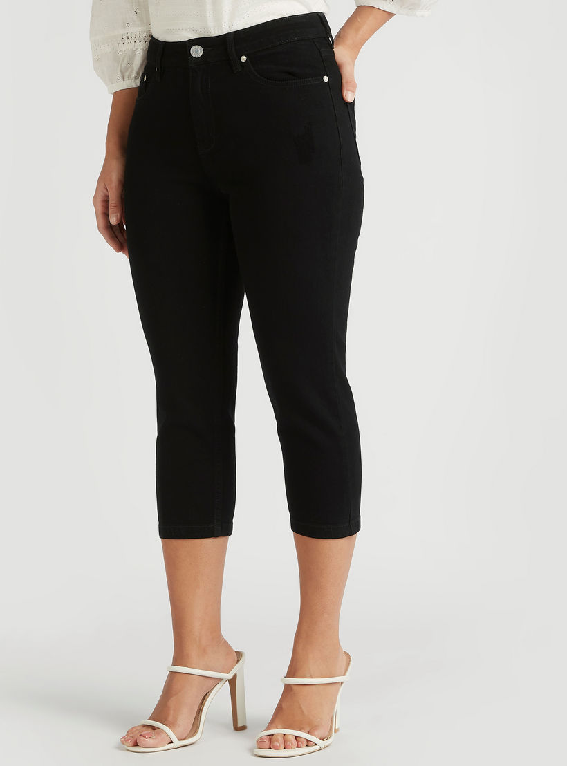 Solid Mid-Rise Capri Jeans with Pockets and Distressed Detail-women-clothing-bottoms-jeans-image-1