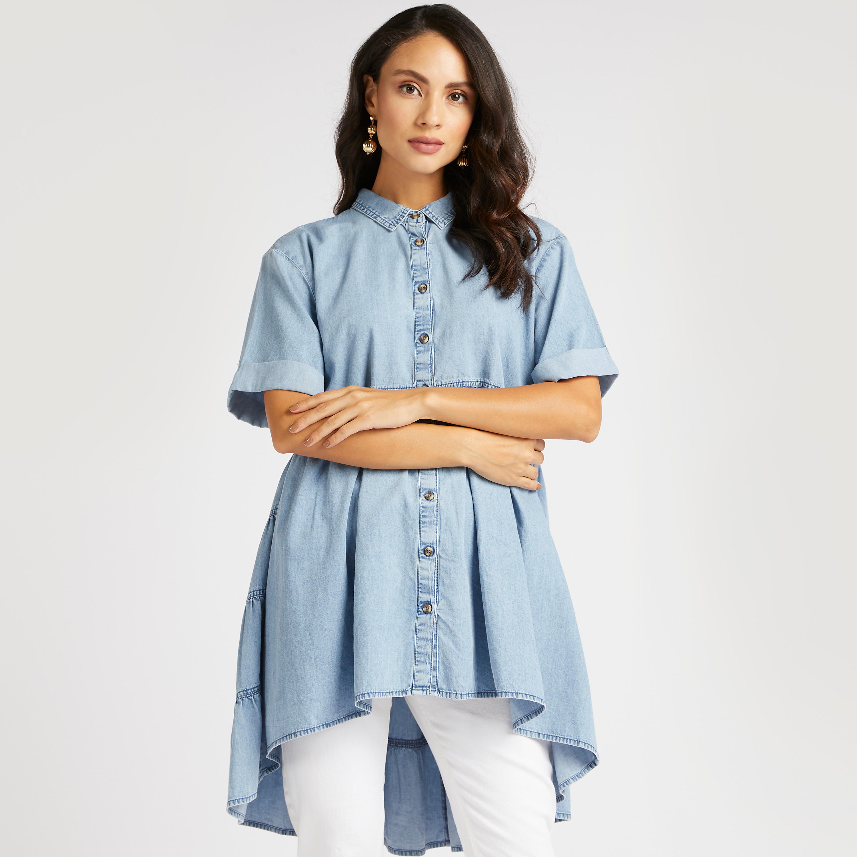 Solid Collared Tunic with Asymmetric Hem-women-clothing-shirtsandblouses-blouses-image-1