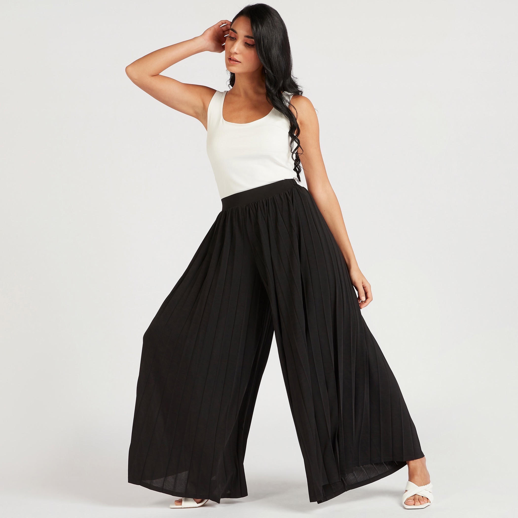 بنطال بالازو سادة مع خصر مطاطي متوسط الارتفاع-women-clothing-bottoms-trousers-image-2