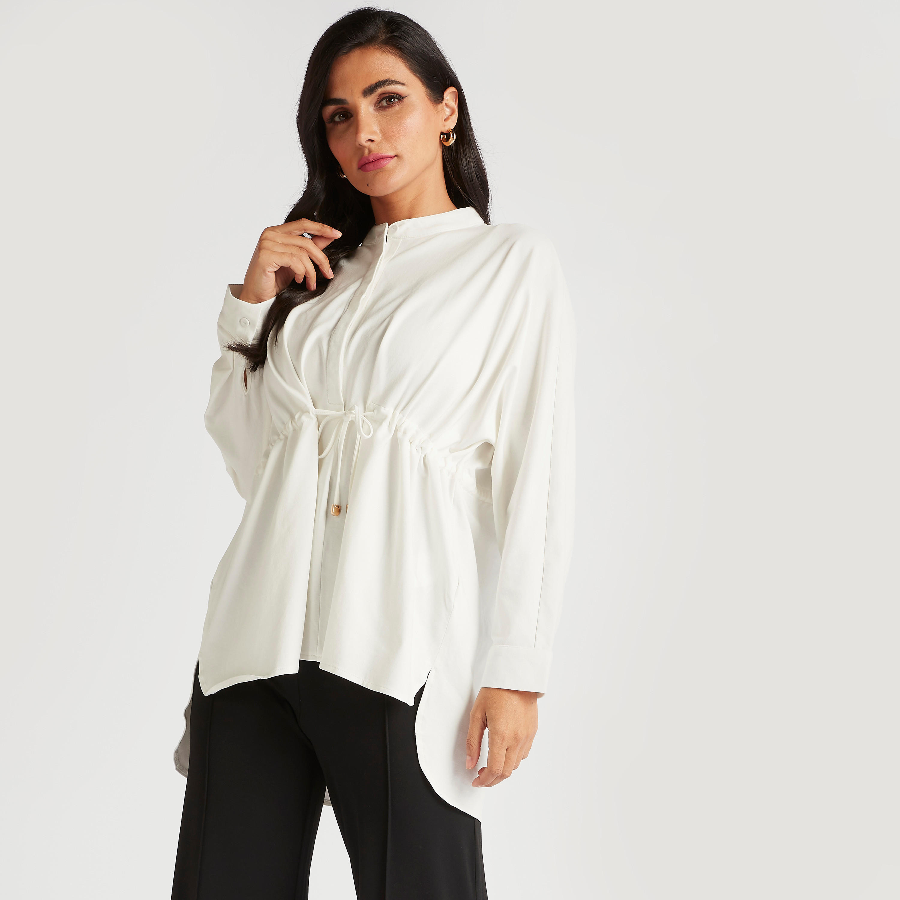 بلوزة سادة بياقة ماندرين ورباط خصر-women-clothing-shirtsandblouses-blouses-image-7
