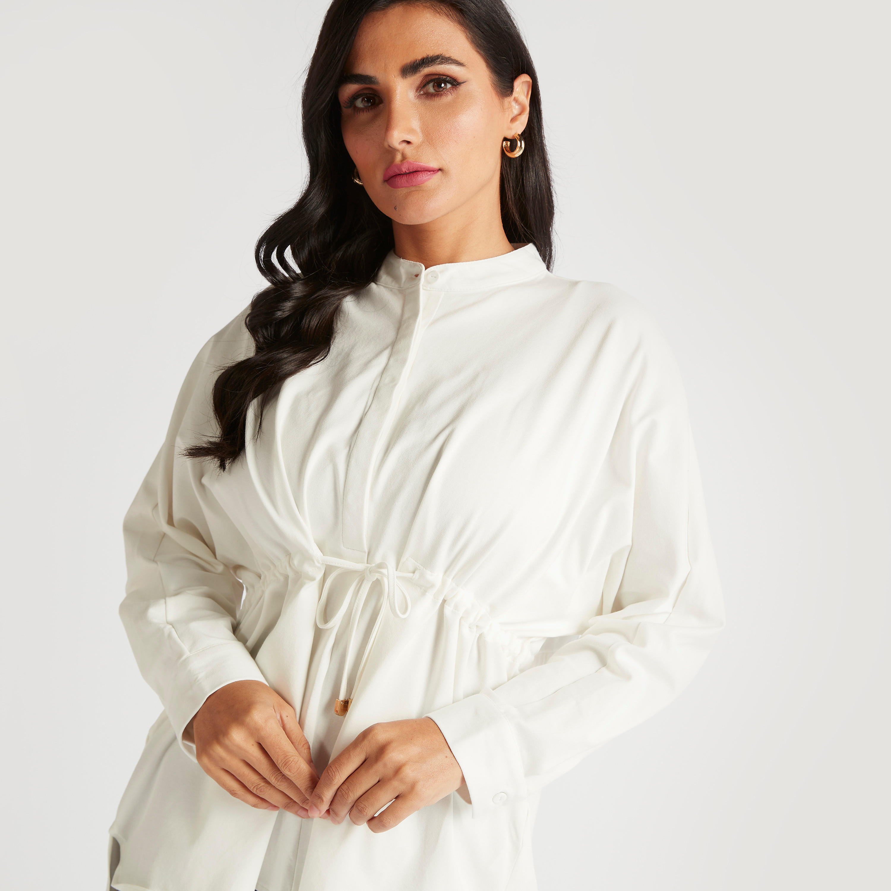 بلوزة سادة بياقة ماندرين ورباط خصر-women-clothing-shirtsandblouses-blouses-image-3