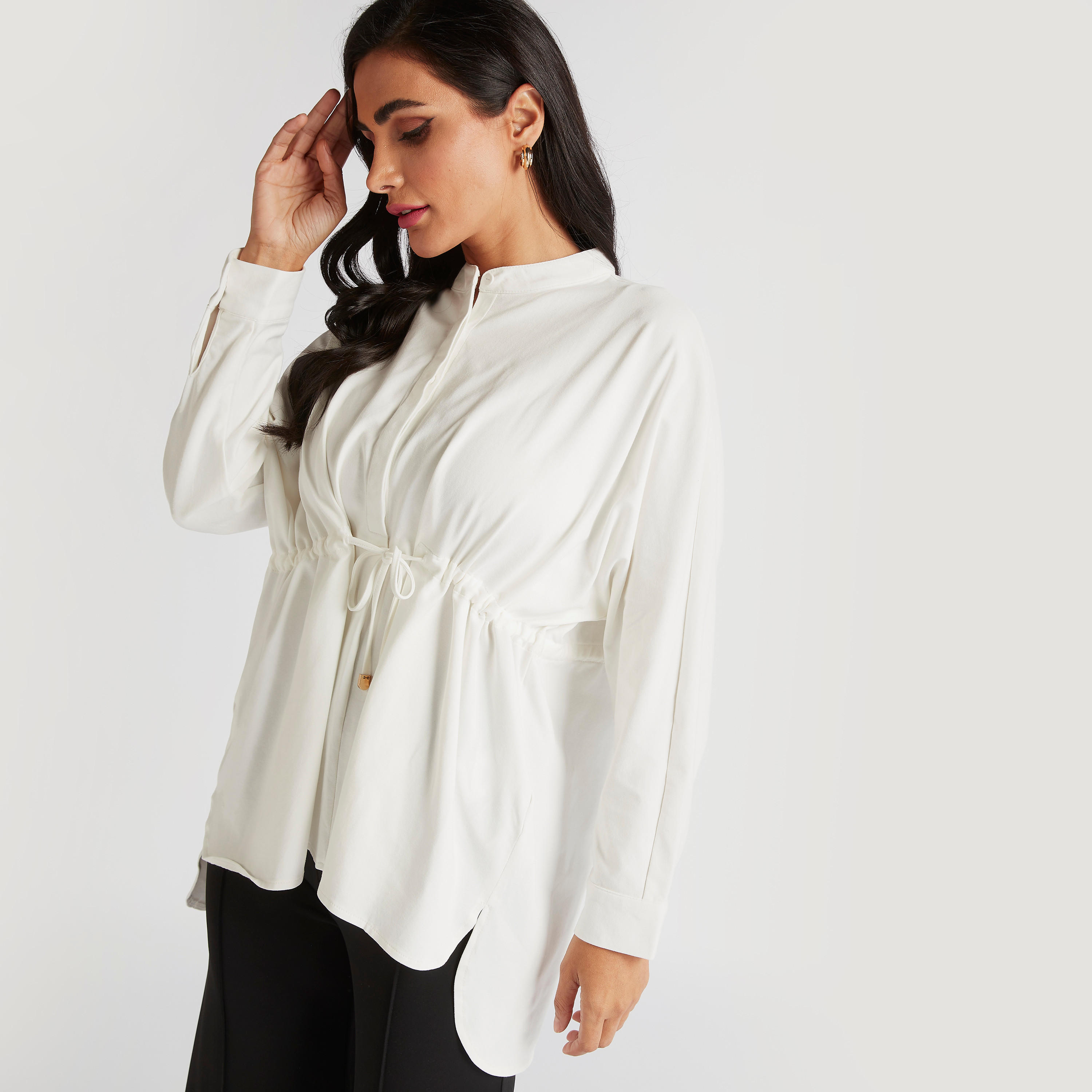 بلوزة سادة بياقة ماندرين ورباط خصر-women-clothing-shirtsandblouses-blouses-image-2