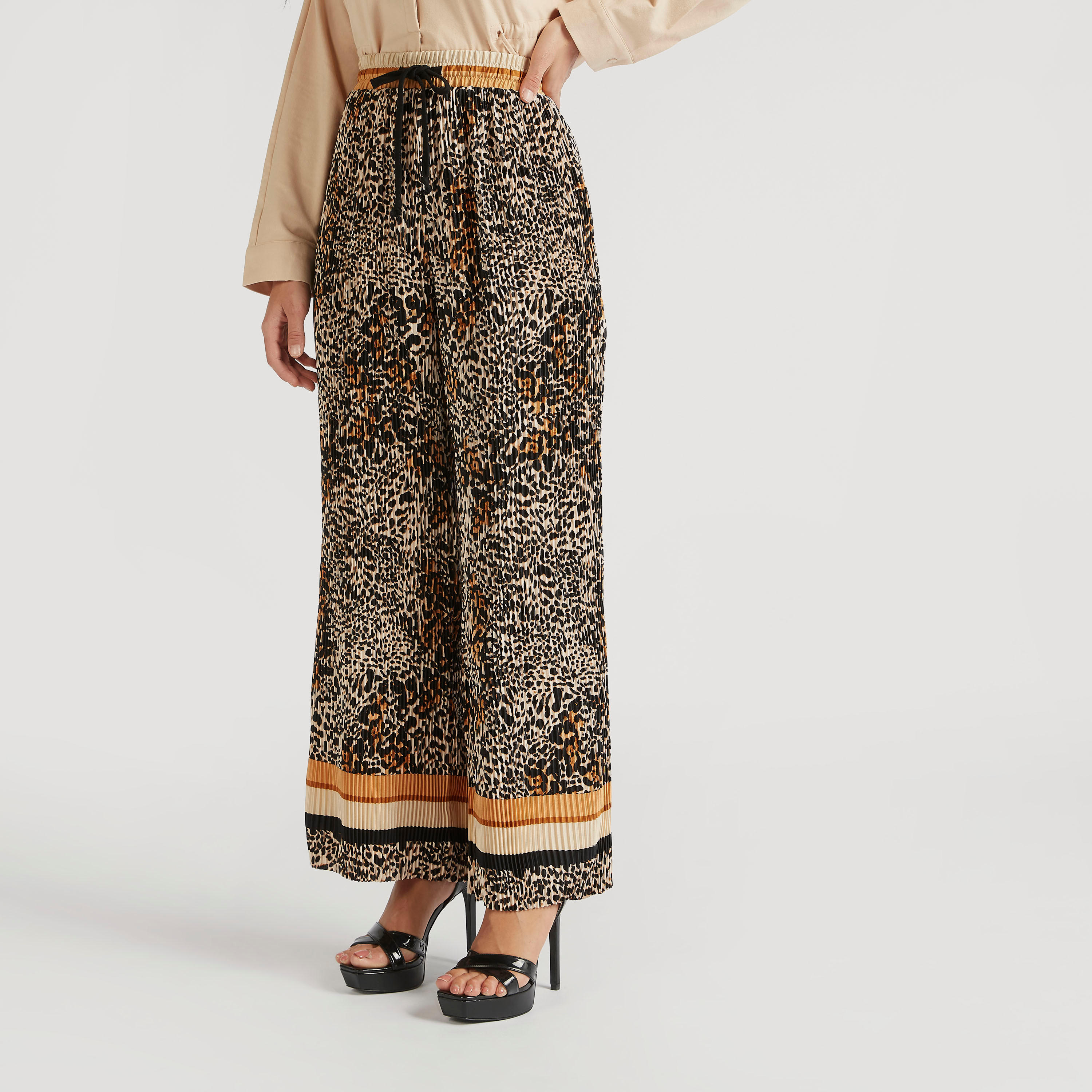 بنطلون بالازو بكشكشة وطبعات حيوانات وخصر متوسّط الارتفاع ورباط إغلاق-women-clothing-bottoms-trousers-image-1