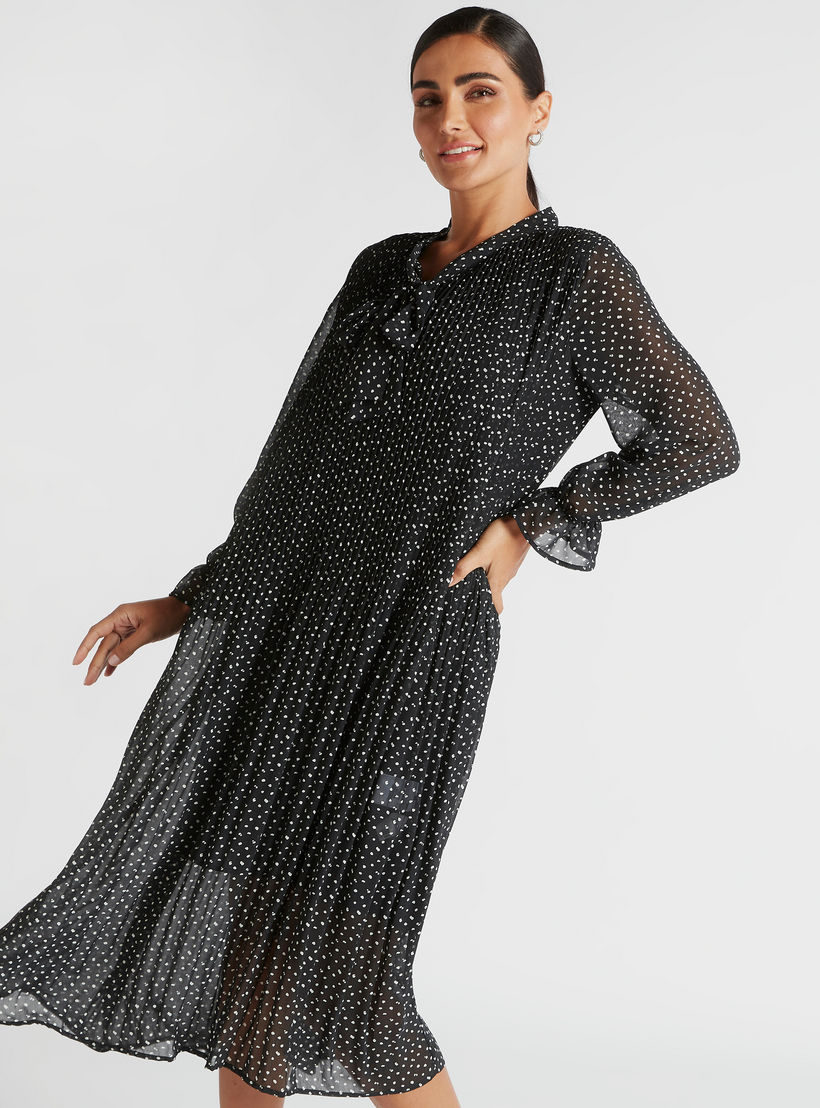 فستان إيه لاين ميدي منقّط بربطة عنق وتفاصيل بينتوك-women-clothing-dresses-image-1