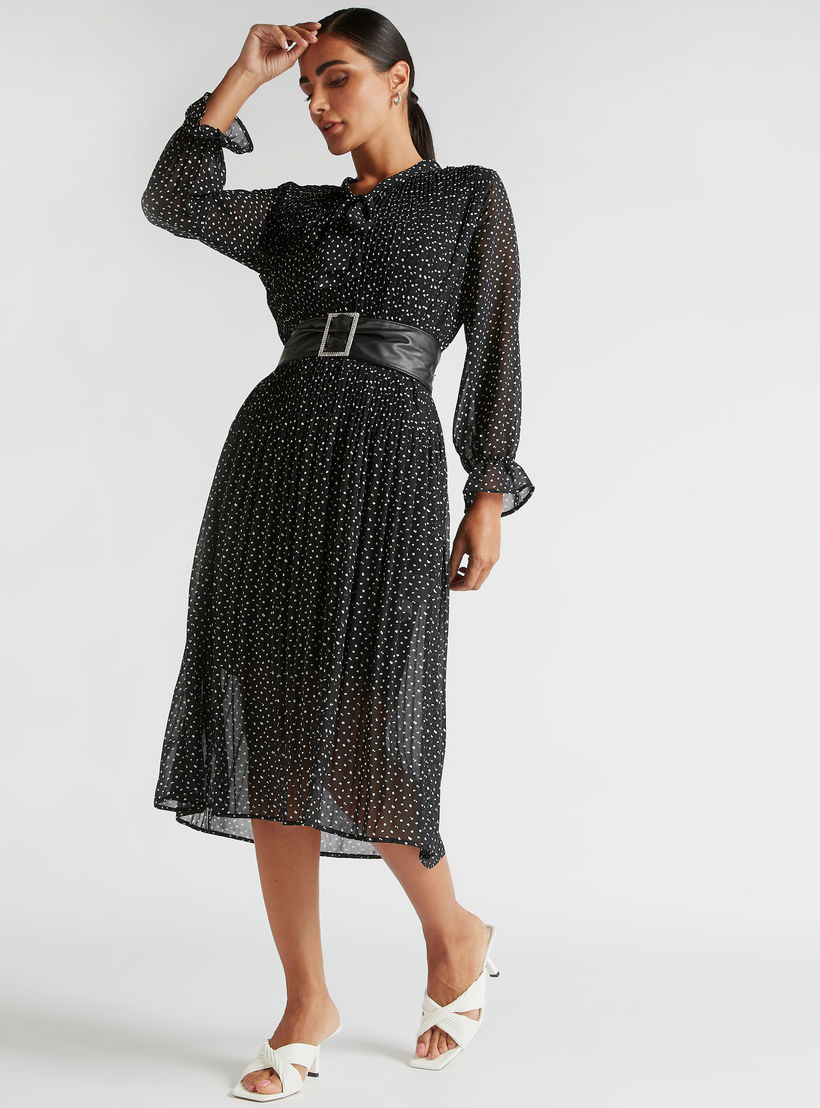 فستان إيه لاين ميدي منقّط بربطة عنق وتفاصيل بينتوك-women-clothing-dresses-image-2