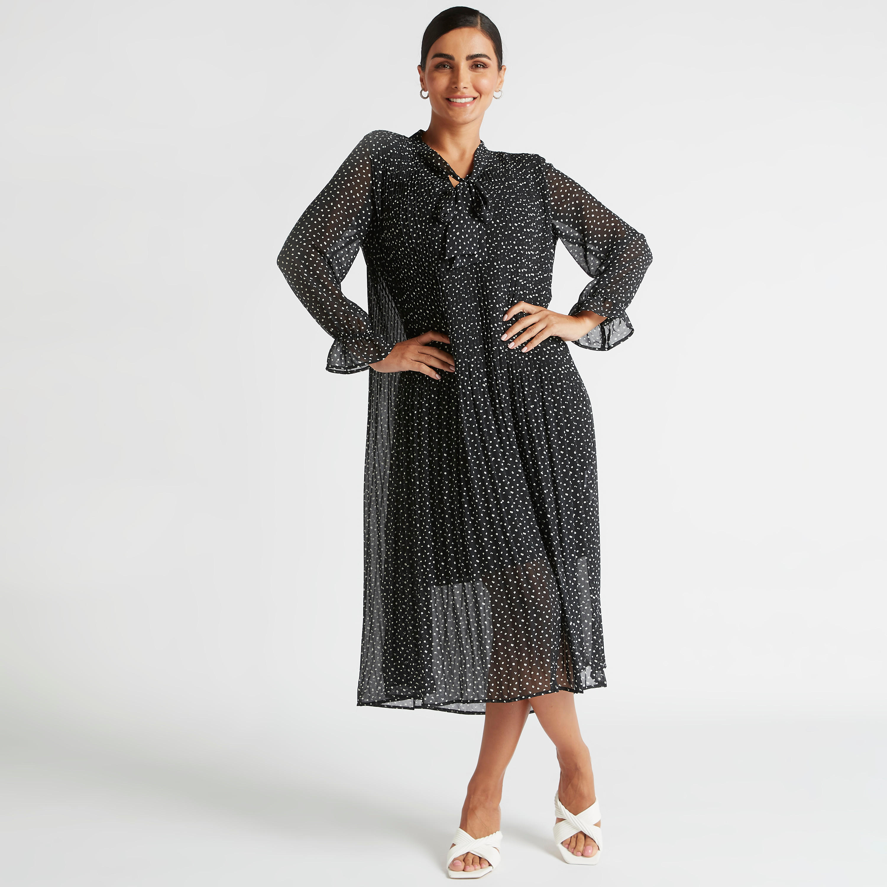 فستان إيه لاين ميدي منقّط بربطة عنق وتفاصيل بينتوك-women-clothing-dresses-image-5