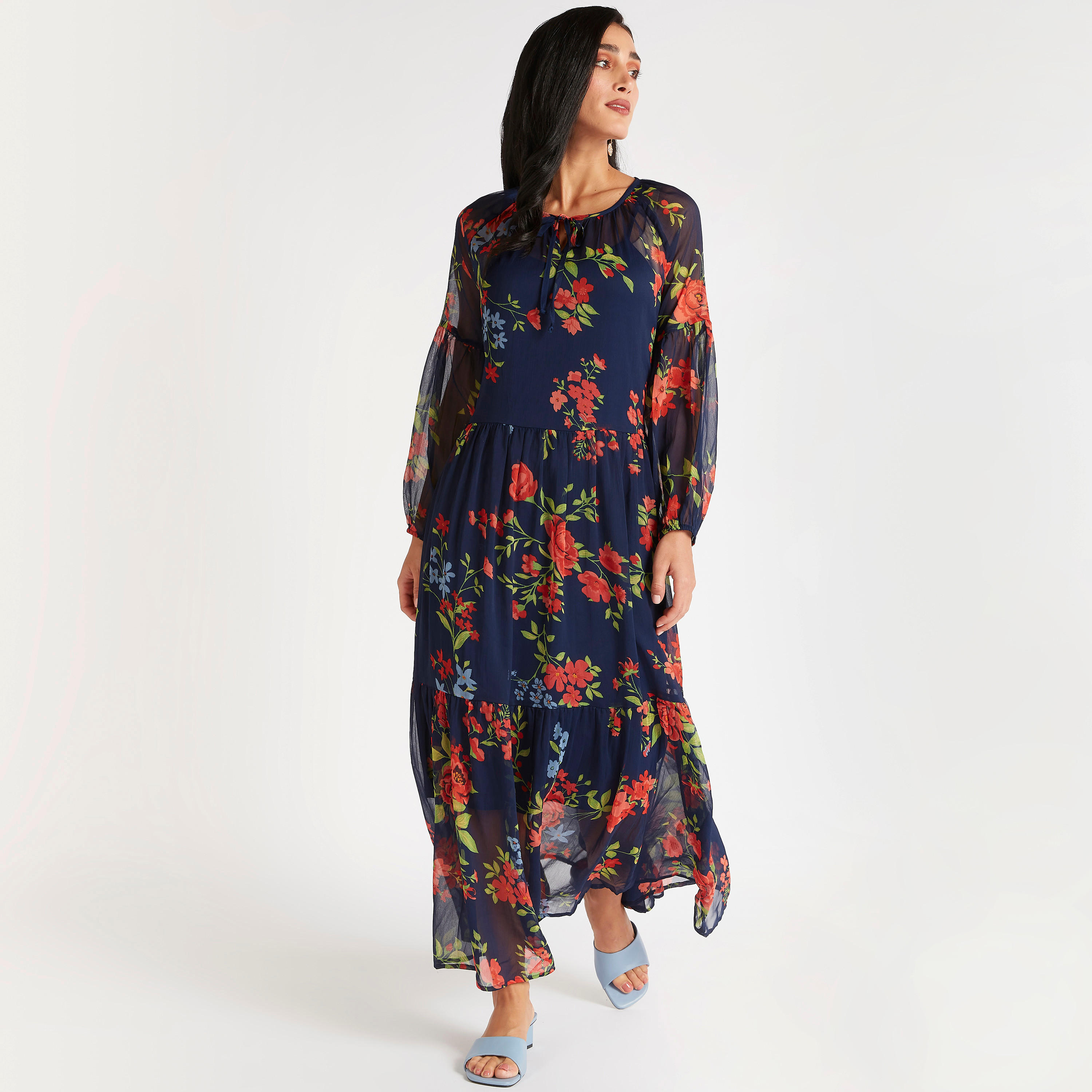 فستان إيه لاين طويل بطبعات أزهار وأكمام طويلة وحزام رباط-women-clothing-dresses-image-2