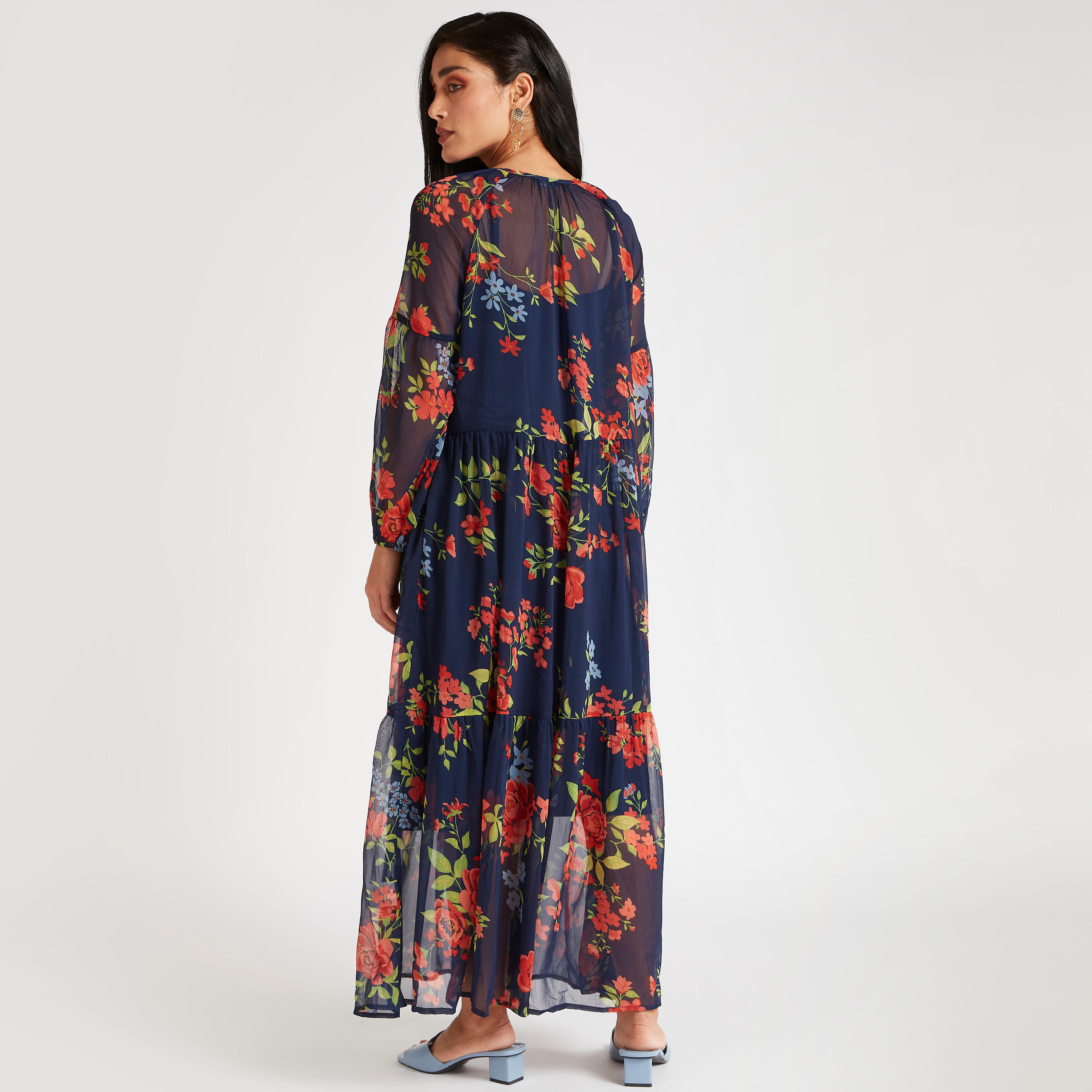 فستان إيه لاين طويل بطبعات أزهار وأكمام طويلة وحزام رباط-women-clothing-dresses-image-4