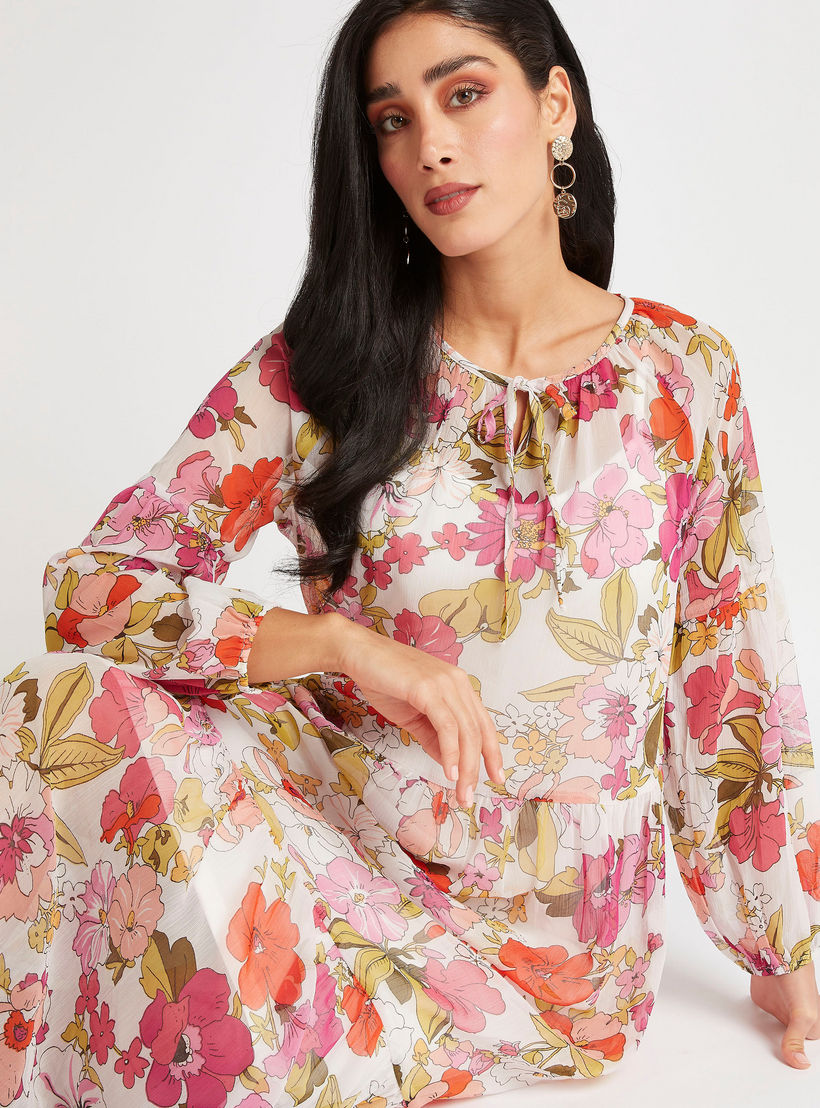 فستان طويل إيه لاين بياقة رباط وأكمام طويلة وطبعات زهرية-women-clothing-dresses-image-1