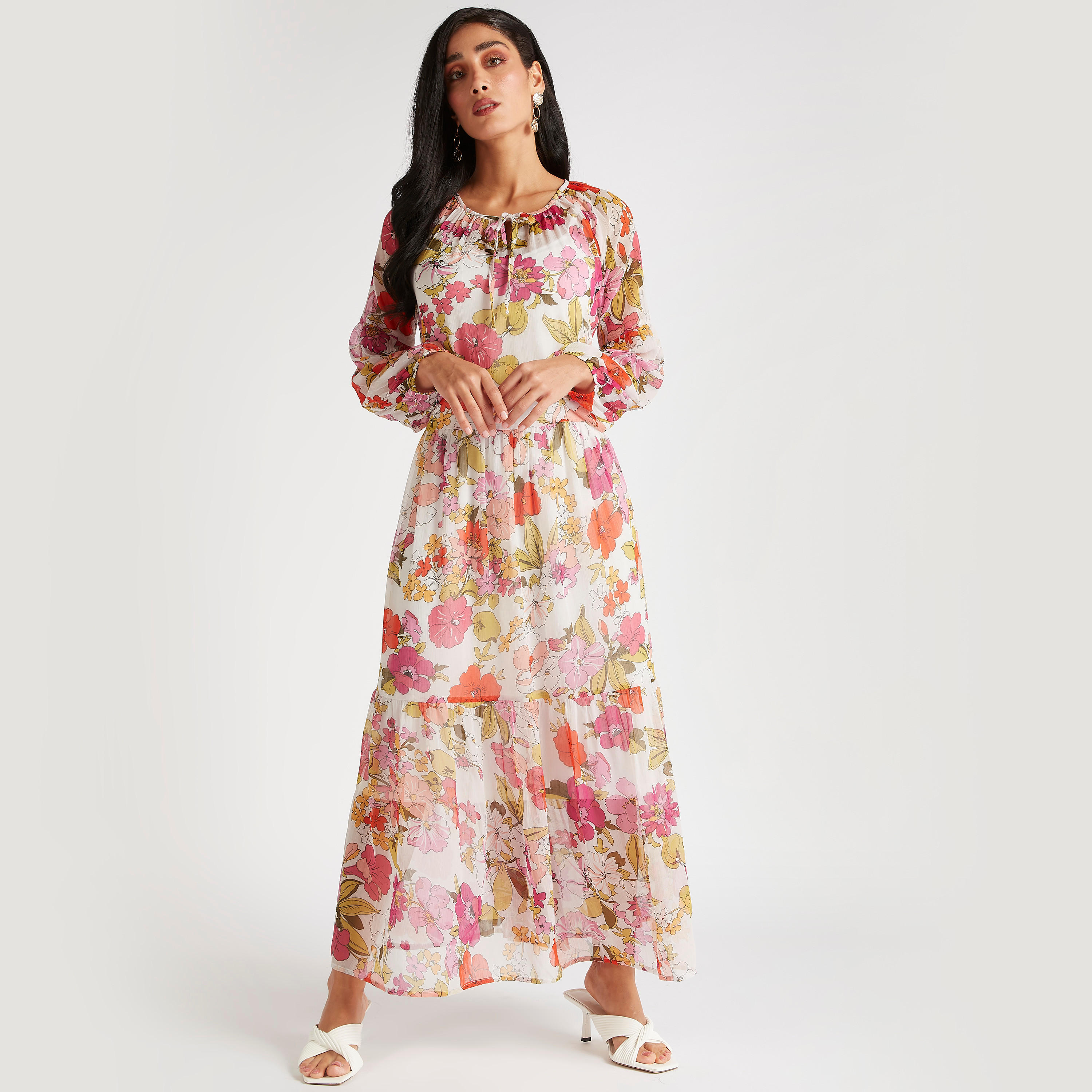 فستان طويل إيه لاين بياقة رباط وأكمام طويلة وطبعات زهرية-women-clothing-dresses-image-2