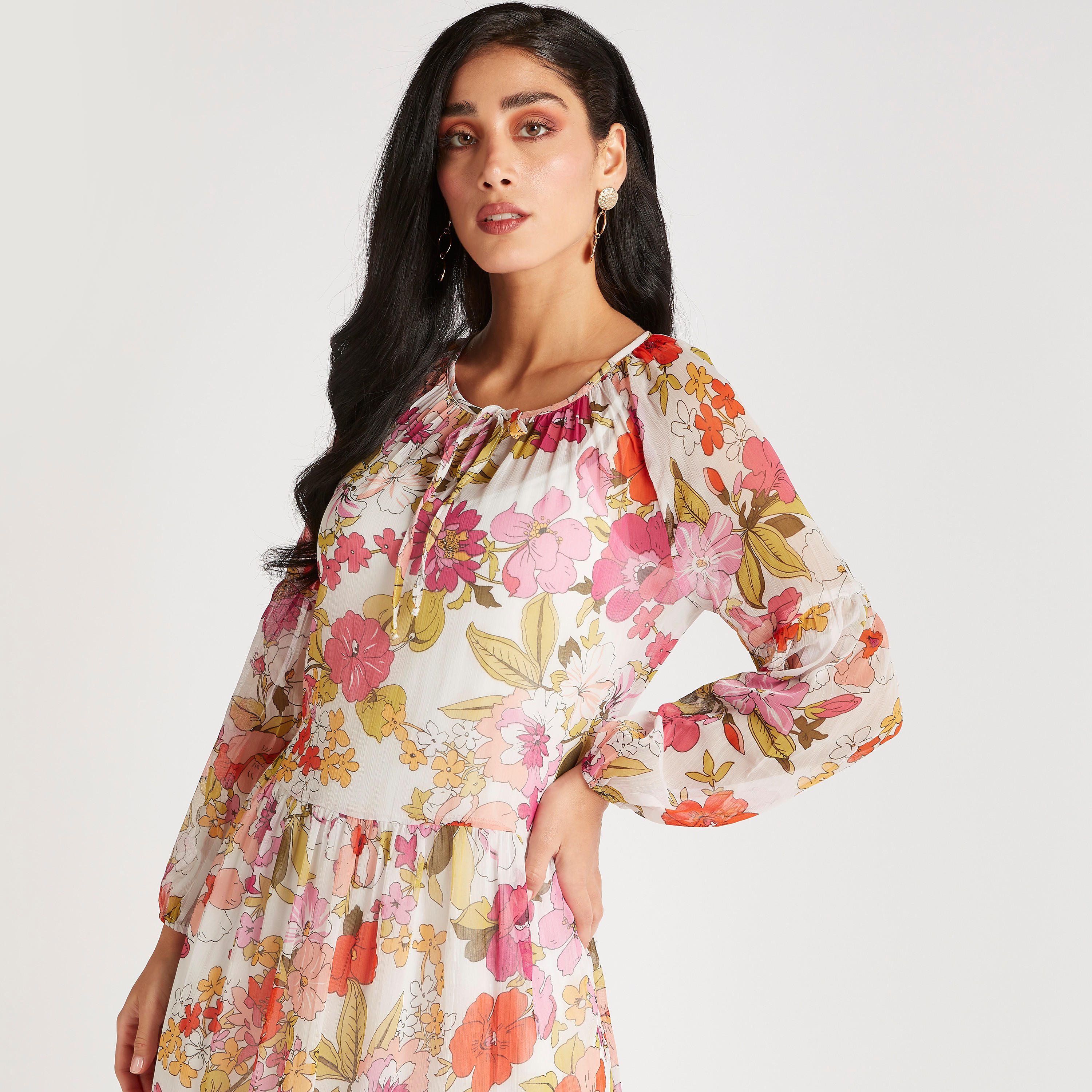 فستان طويل إيه لاين بياقة رباط وأكمام طويلة وطبعات زهرية-women-clothing-dresses-image-3