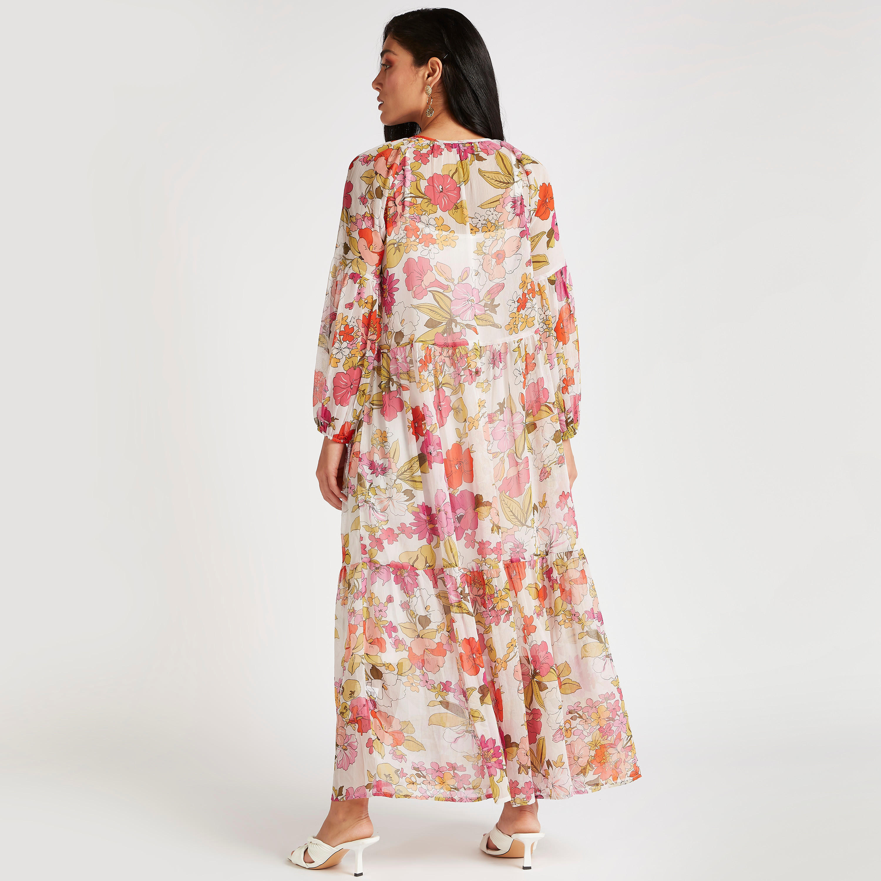 فستان طويل إيه لاين بياقة رباط وأكمام طويلة وطبعات زهرية-women-clothing-dresses-image-4