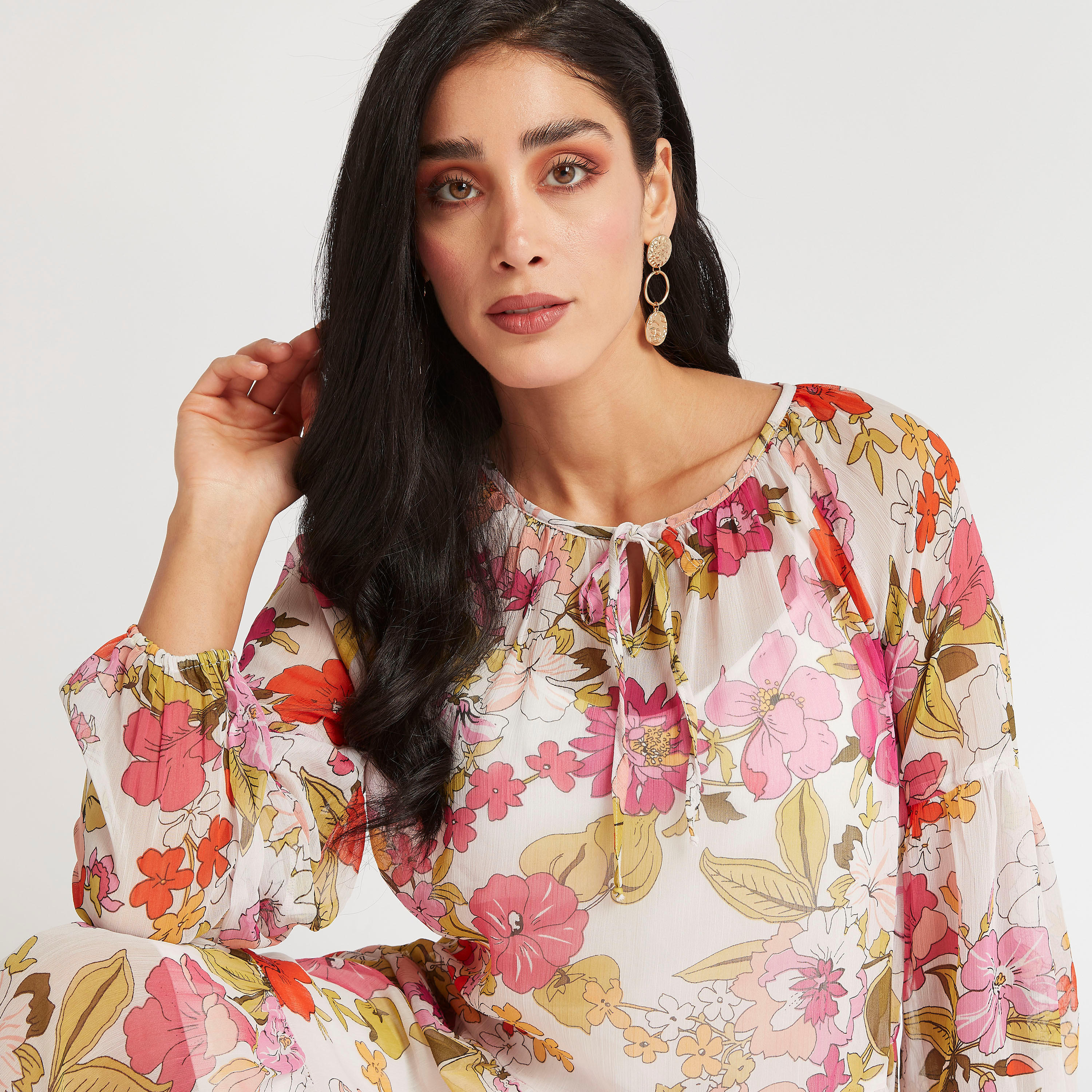 فستان طويل إيه لاين بياقة رباط وأكمام طويلة وطبعات زهرية-women-clothing-dresses-image-5