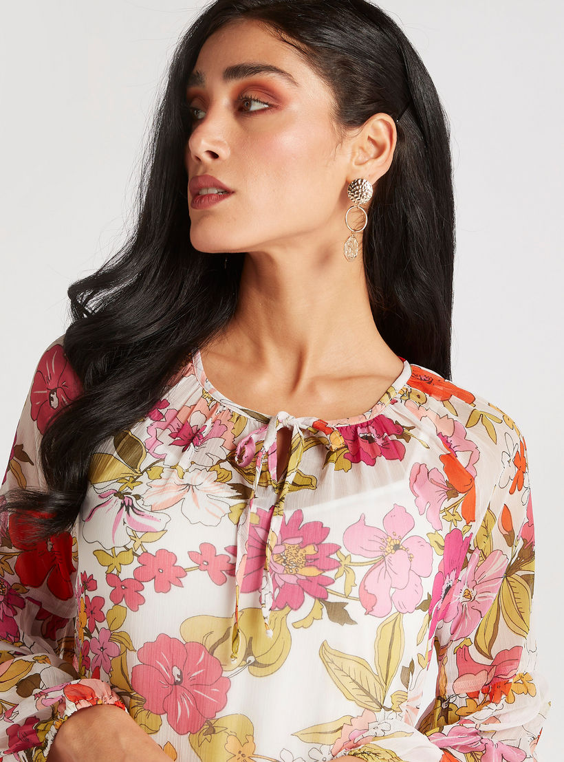 فستان طويل إيه لاين بياقة رباط وأكمام طويلة وطبعات زهرية-women-clothing-dresses-image-6
