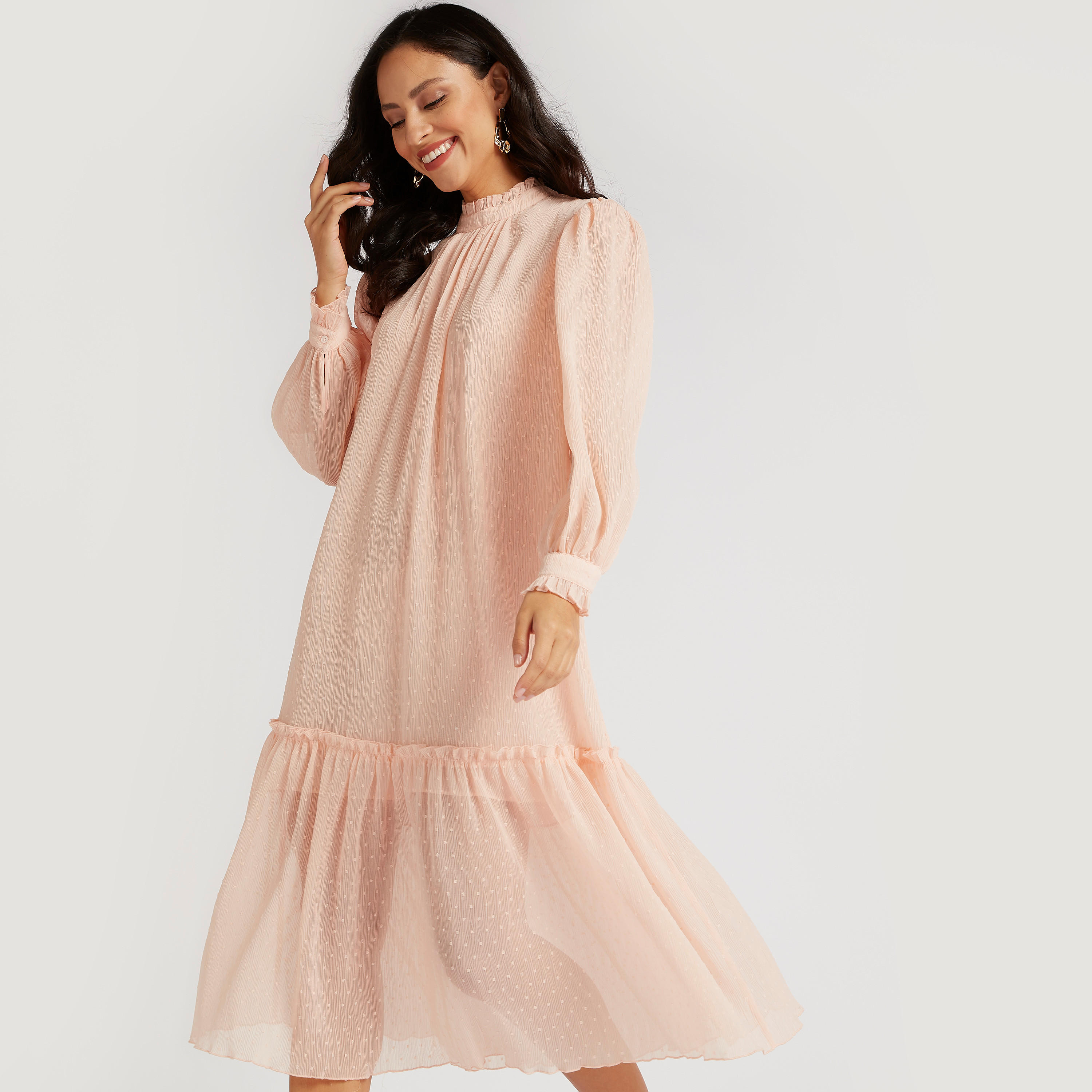 فستان ميدي إيه لاين بارز الملمس وياقة عالية وتفاصيل كشكشة-women-clothing-dresses-image-1