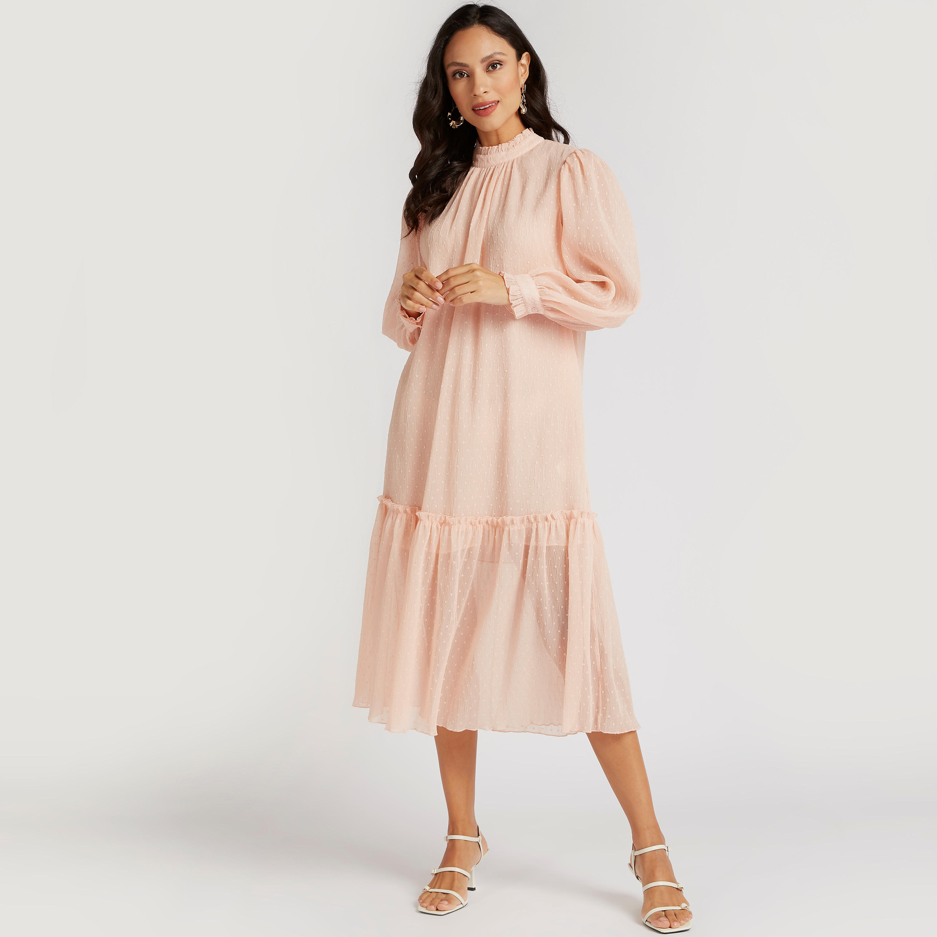 فستان ميدي إيه لاين بارز الملمس وياقة عالية وتفاصيل كشكشة-women-clothing-dresses-image-2