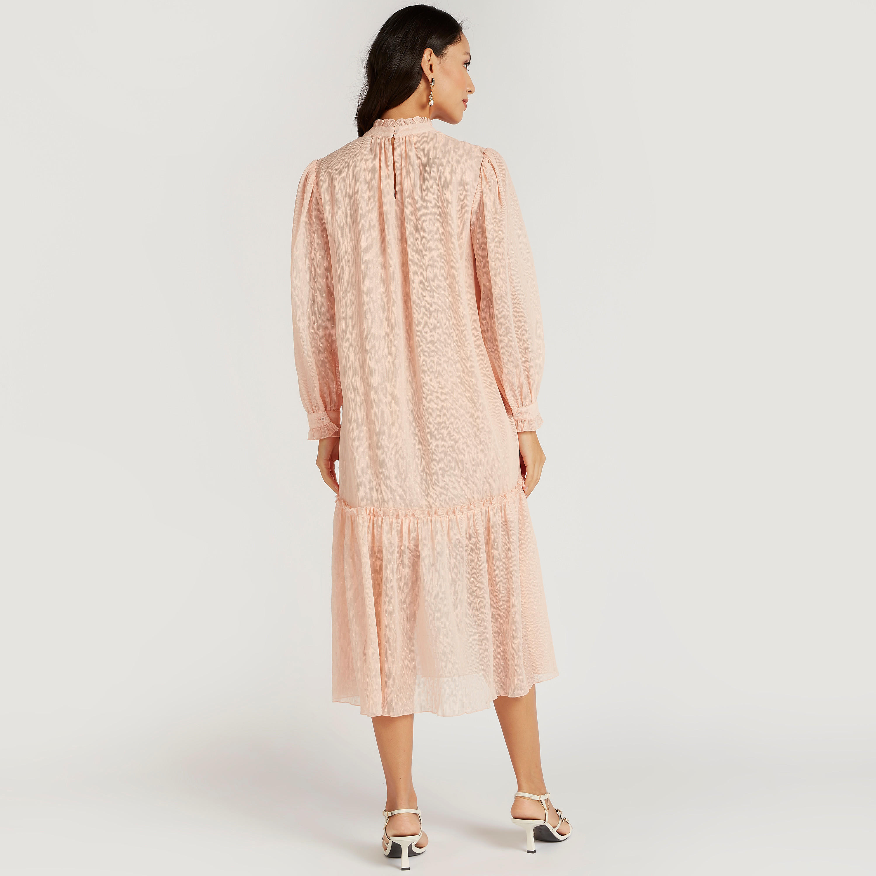فستان ميدي إيه لاين بارز الملمس وياقة عالية وتفاصيل كشكشة-women-clothing-dresses-image-4