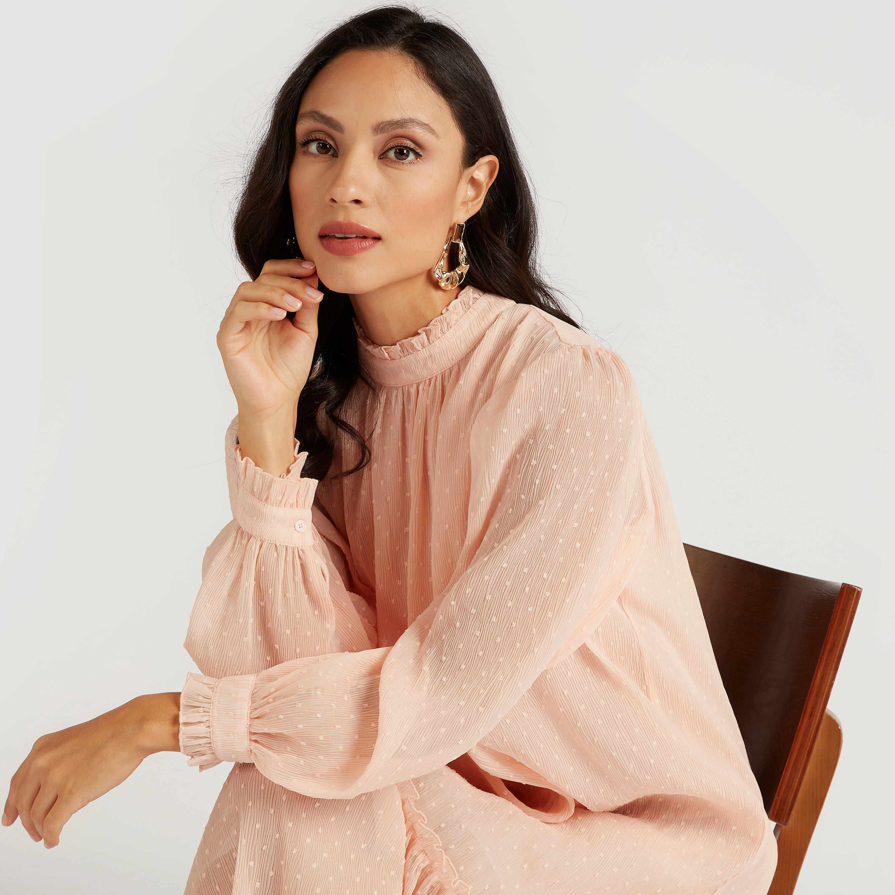 فستان ميدي إيه لاين بارز الملمس وياقة عالية وتفاصيل كشكشة-women-clothing-dresses-image-6