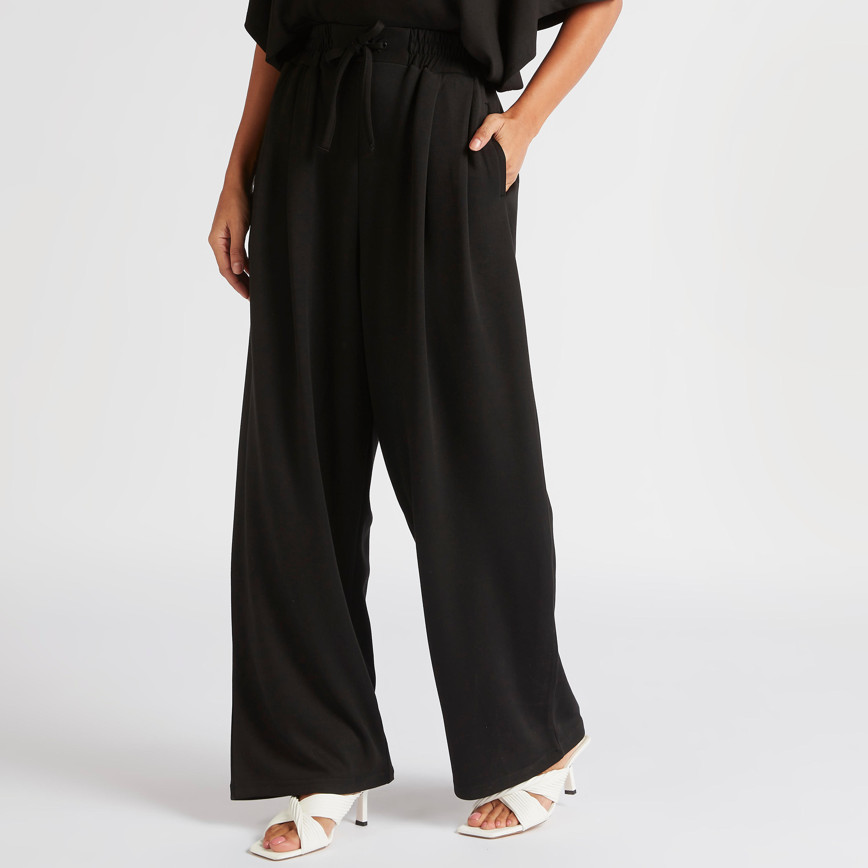 Solid Mid-Rise Flared Pants with Drawstring Closure-women-clothing-bottoms-trousers-image-1