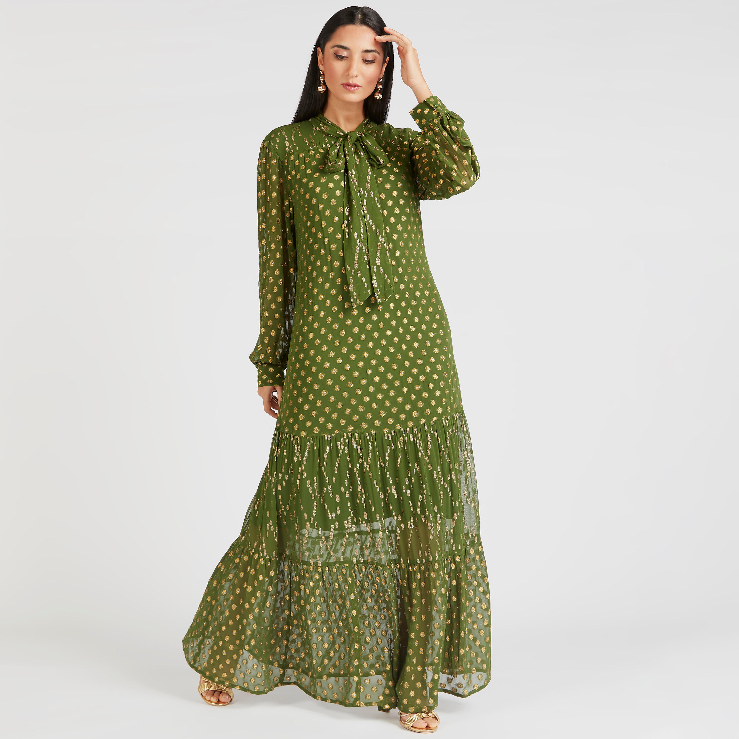 فستان بارز الملمس طويل إيه لاين بأكمام طويلة وأربطة عنق-women-clothing-dresses-image-1