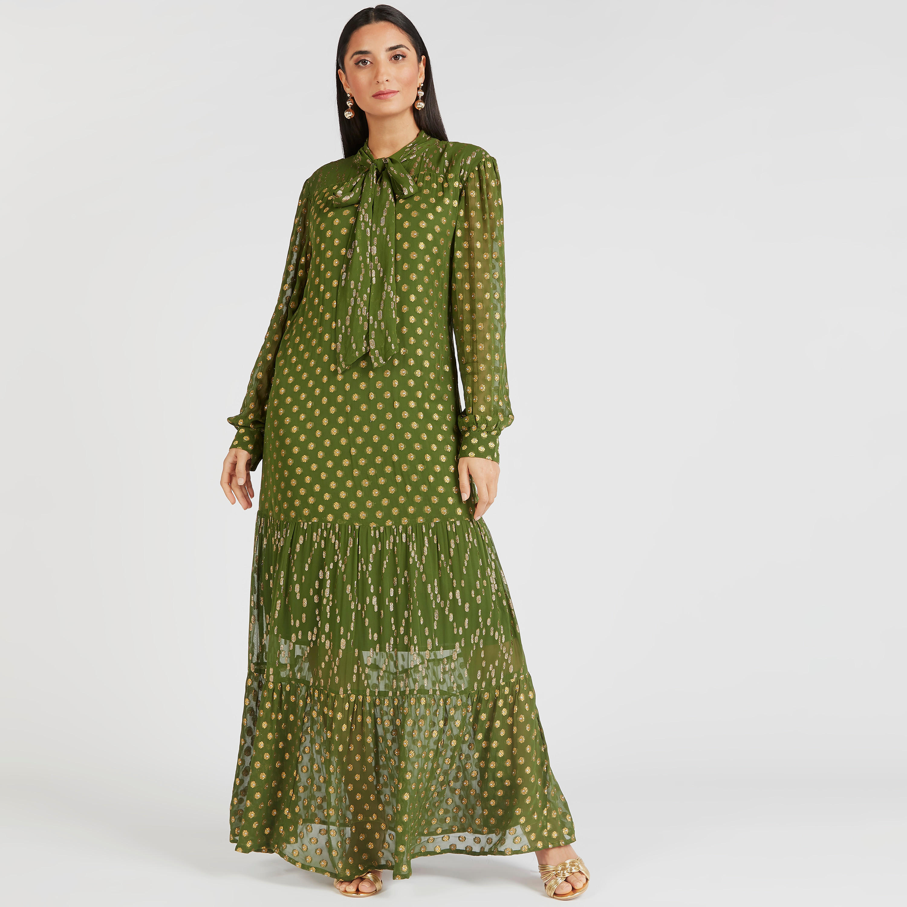 فستان بارز الملمس طويل إيه لاين بأكمام طويلة وأربطة عنق-women-clothing-dresses-image-2