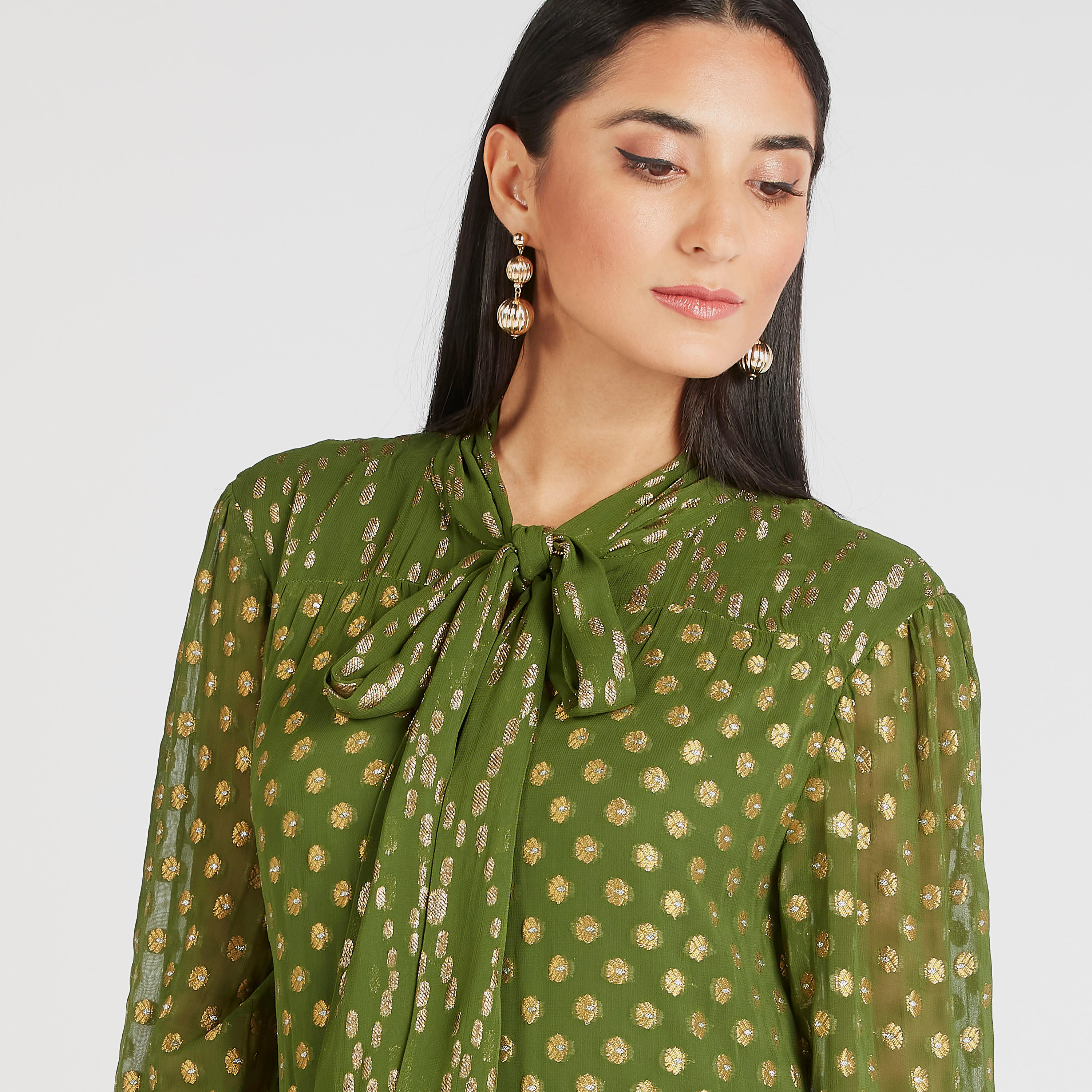 فستان بارز الملمس طويل إيه لاين بأكمام طويلة وأربطة عنق-women-clothing-dresses-image-3