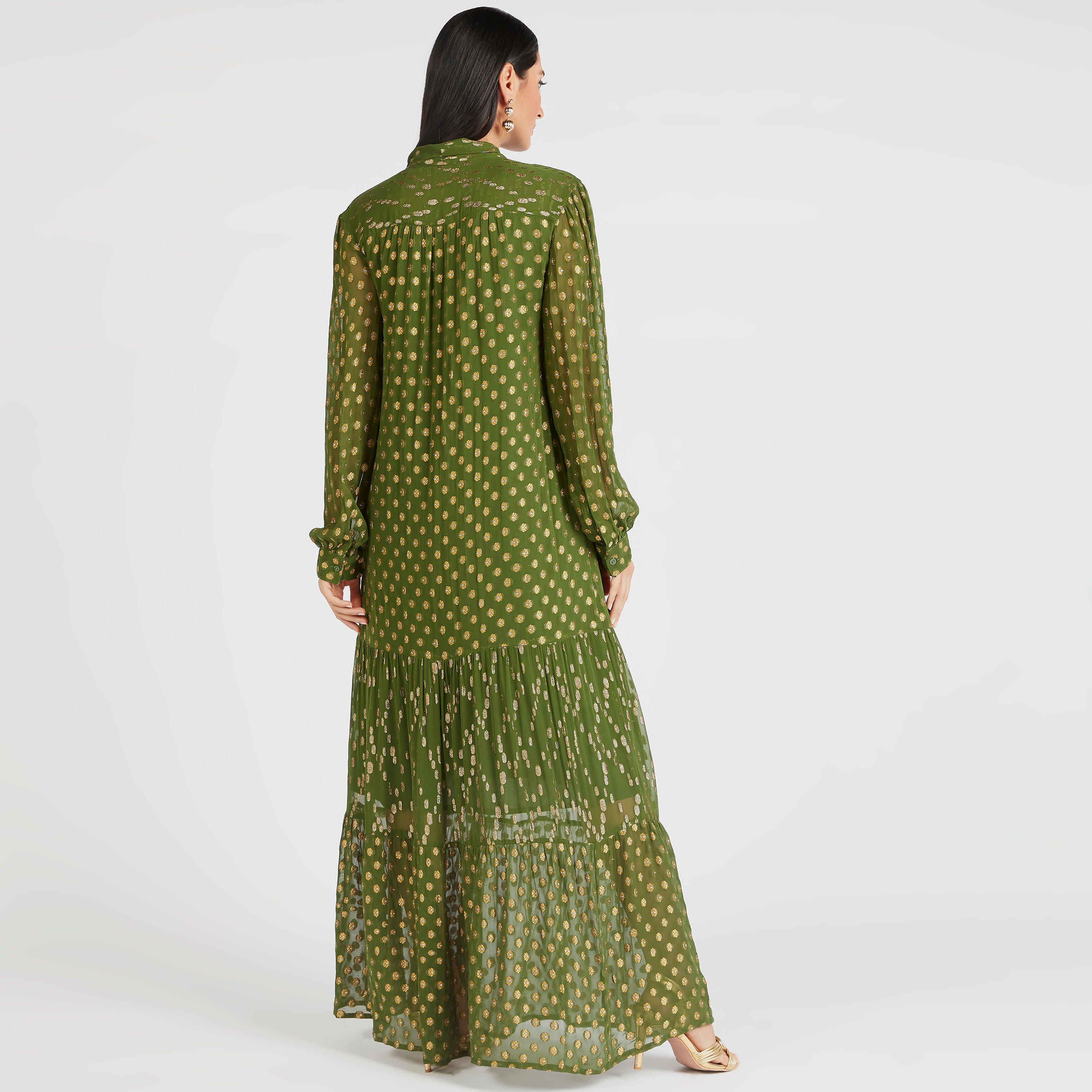 فستان بارز الملمس طويل إيه لاين بأكمام طويلة وأربطة عنق-women-clothing-dresses-image-4