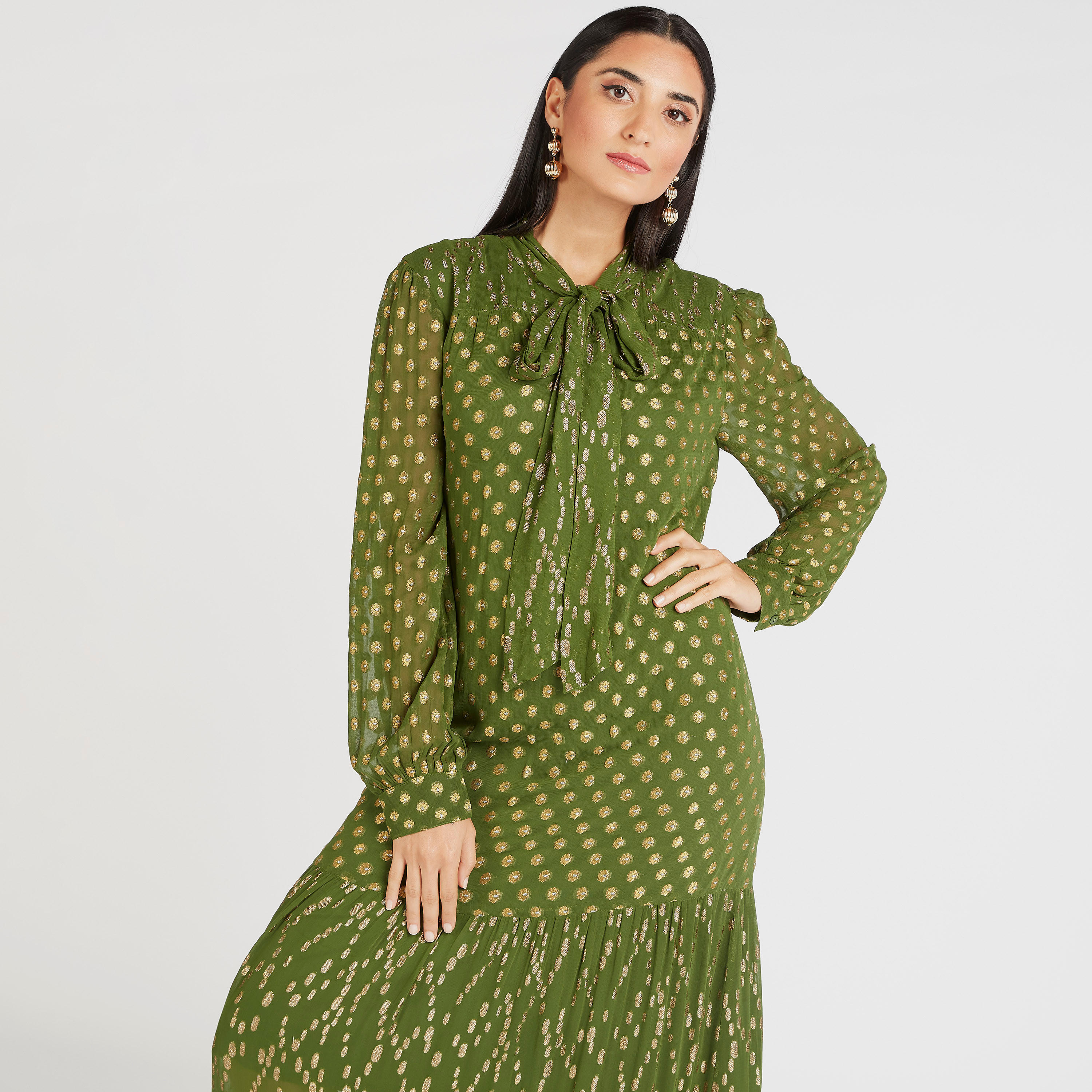 فستان بارز الملمس طويل إيه لاين بأكمام طويلة وأربطة عنق-women-clothing-dresses-image-5
