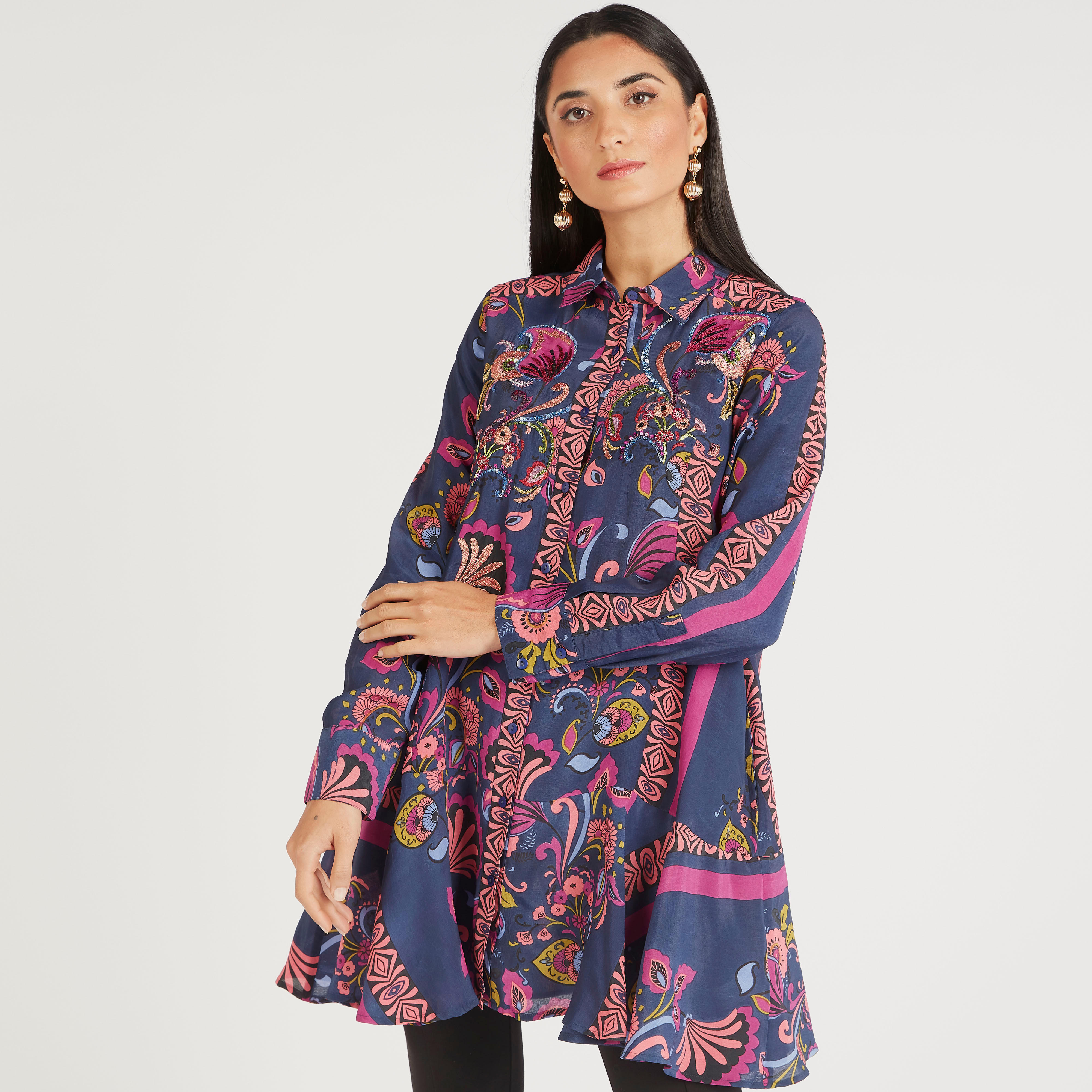 Printed Tunic with Spread Collar and Long Sleeves-women-clothing-shirtsandblouses-blouses-image-1