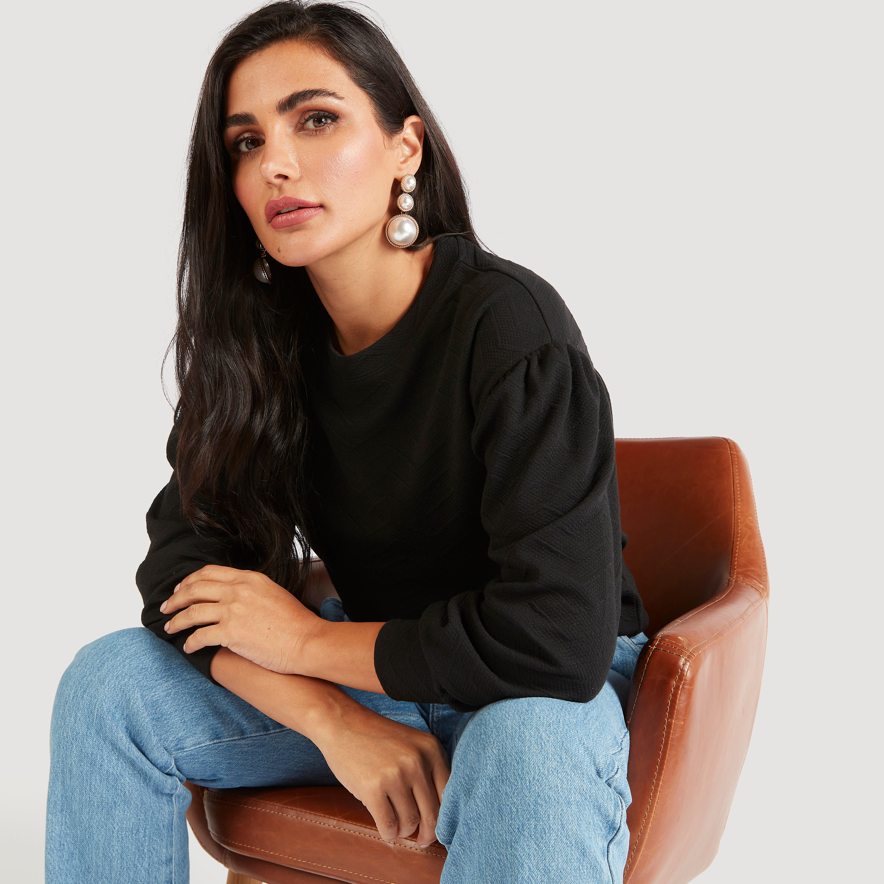 Textured Crew Neck Sweatshirt with Long Sleeves-women-winterwear-hoodiesandsweatshirts-sweatshirts-image-1