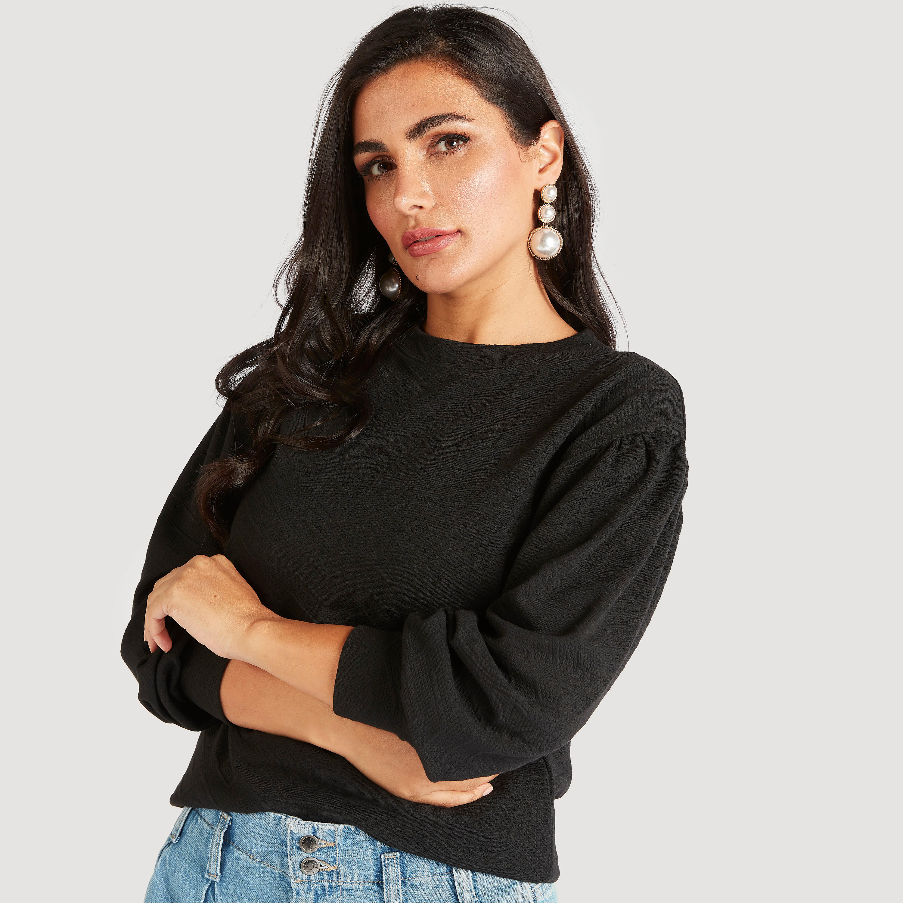 Textured Crew Neck Sweatshirt with Long Sleeves-women-winterwear-hoodiesandsweatshirts-sweatshirts-image-5