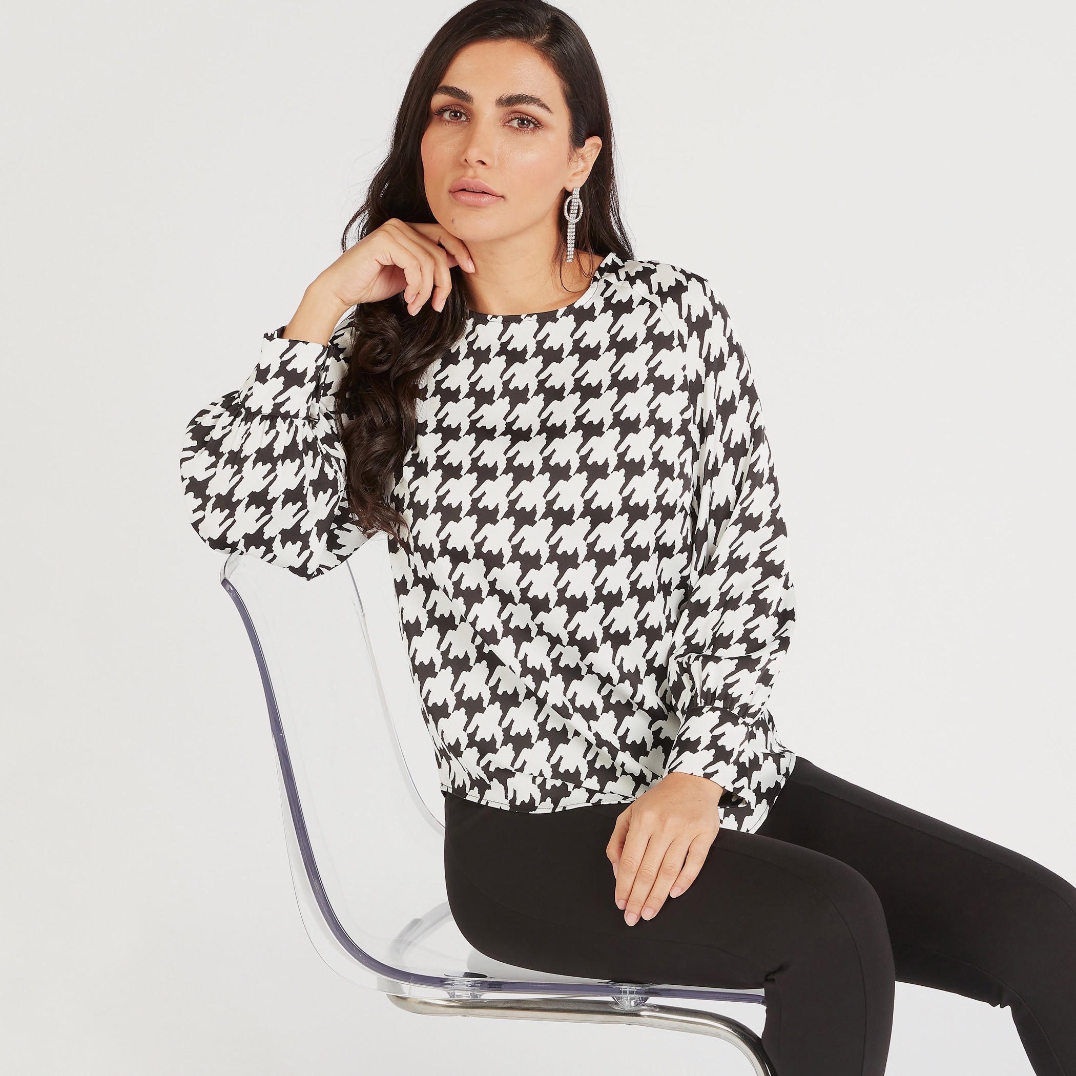 Houndstooth Print Crew Neck Top with Long Sleeves-women-clothing-shirtsandblouses-blouses-image-1