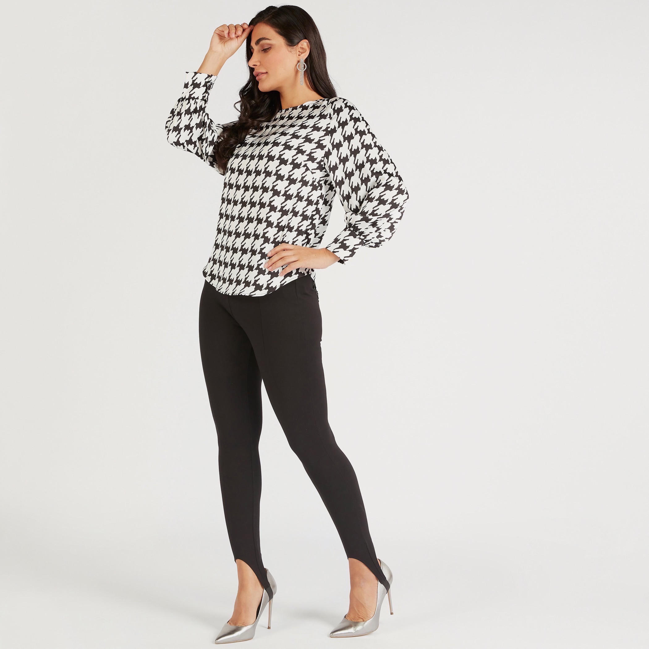 Houndstooth Print Crew Neck Top with Long Sleeves-women-clothing-shirtsandblouses-blouses-image-2