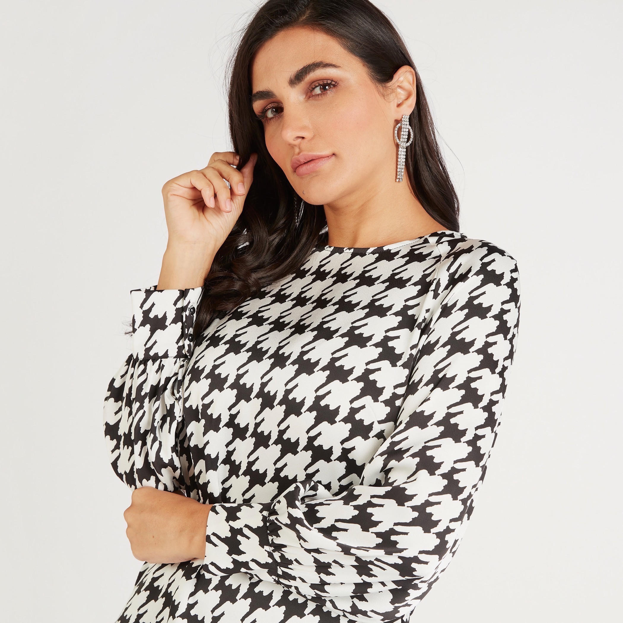 Houndstooth Print Crew Neck Top with Long Sleeves-women-clothing-shirtsandblouses-blouses-image-3