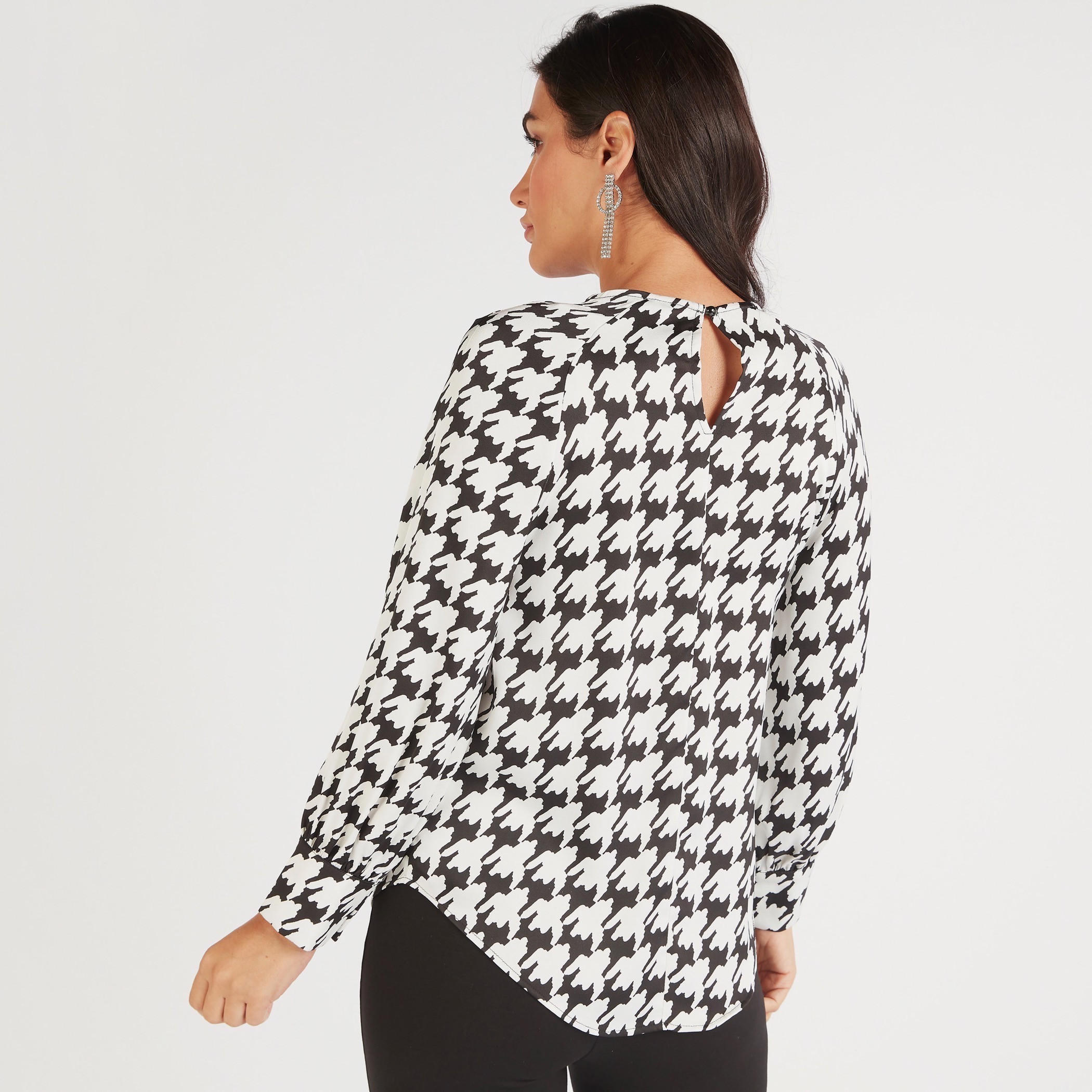 Houndstooth Print Crew Neck Top with Long Sleeves-women-clothing-shirtsandblouses-blouses-image-4