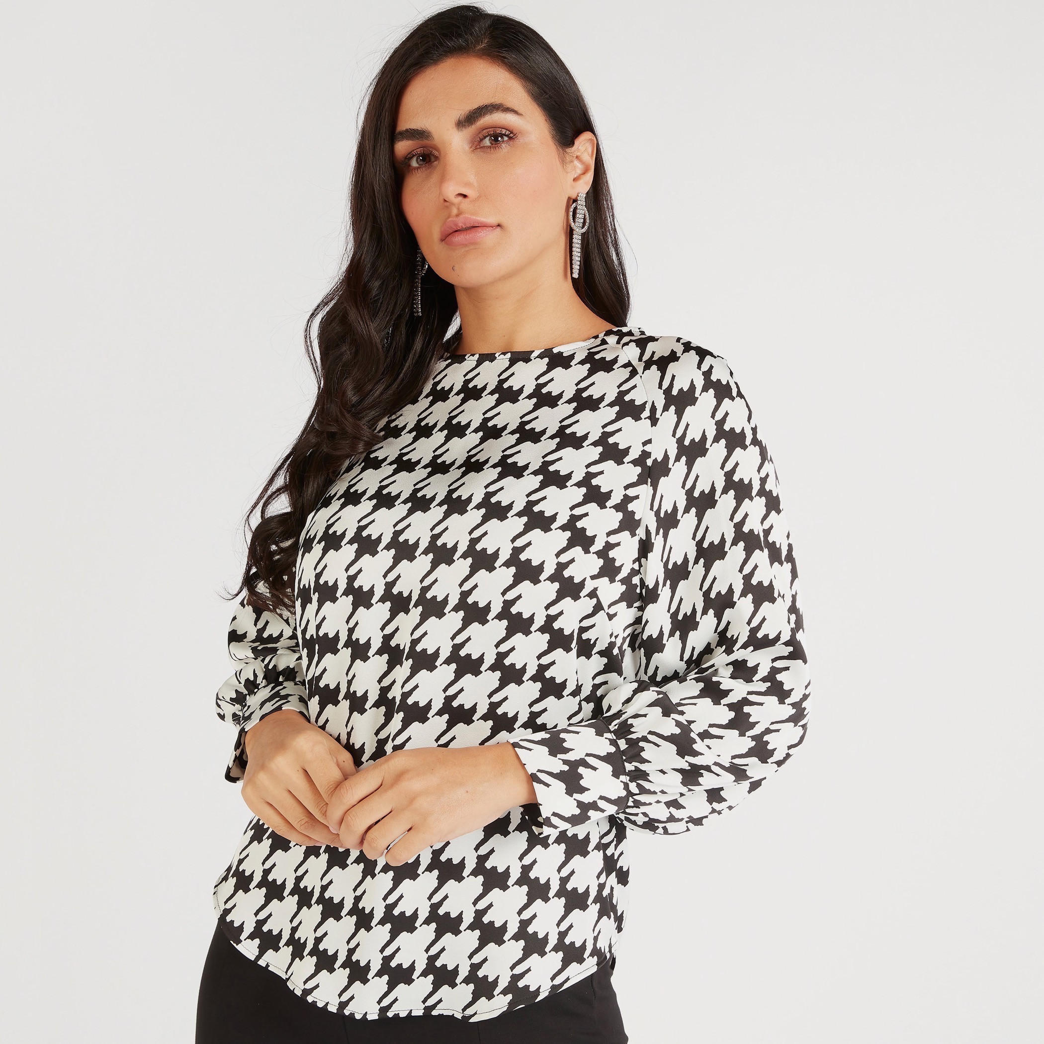 Houndstooth Print Crew Neck Top with Long Sleeves-women-clothing-shirtsandblouses-blouses-image-5