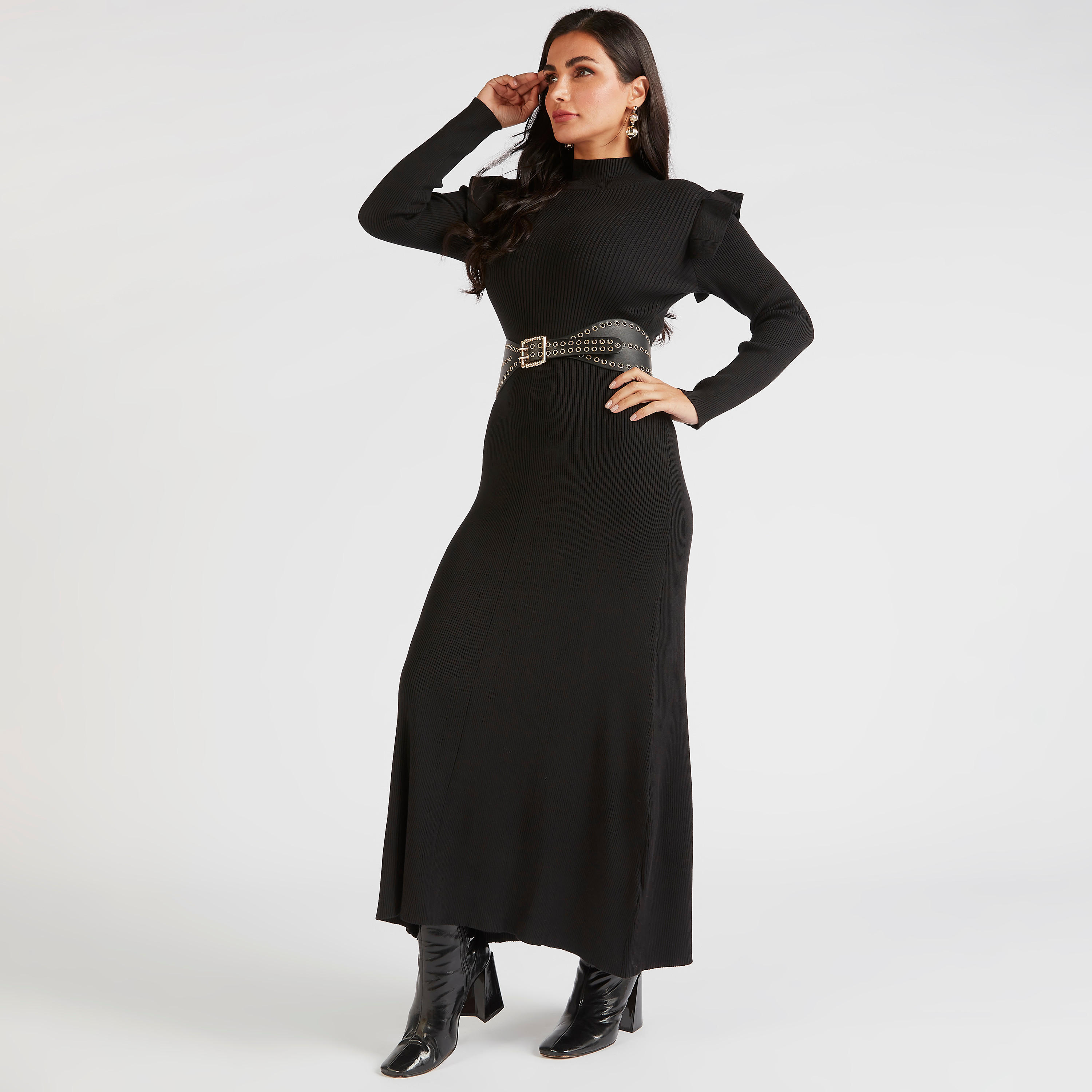 فستان طويل بارز الملمس بياقة عالية وتفاصيل كشكش-women-clothing-dresses-image-2