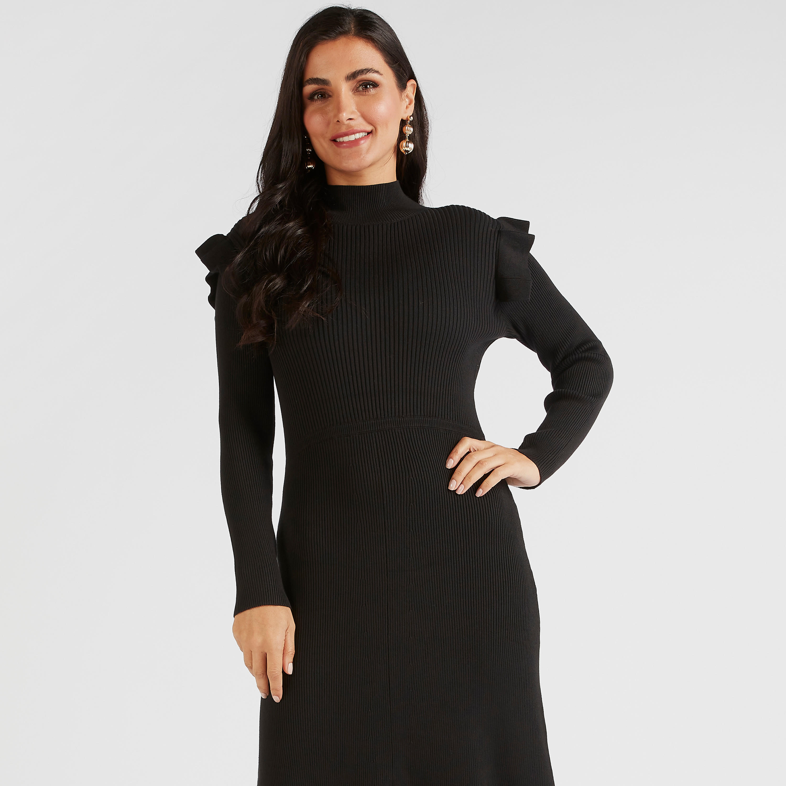 فستان طويل بارز الملمس بياقة عالية وتفاصيل كشكش-women-clothing-dresses-image-5