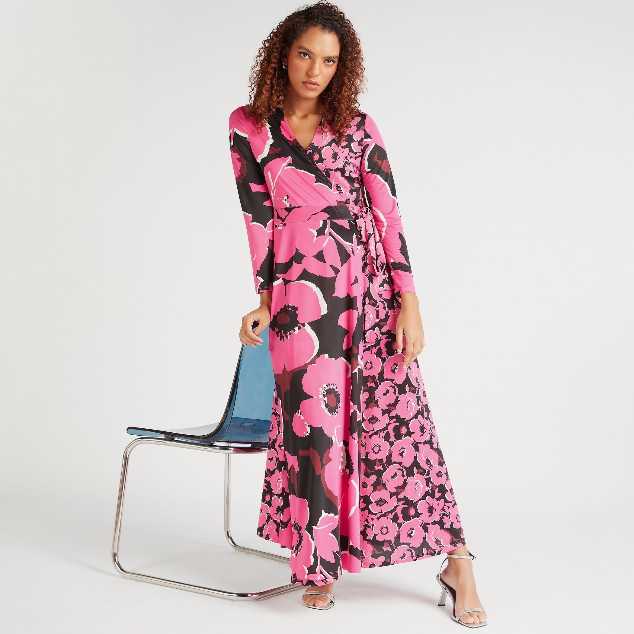 فستان إيه لاين ملفوف بياقة V وأكمام طويلة وطبعات زهرية-women-clothing-dresses-image-1