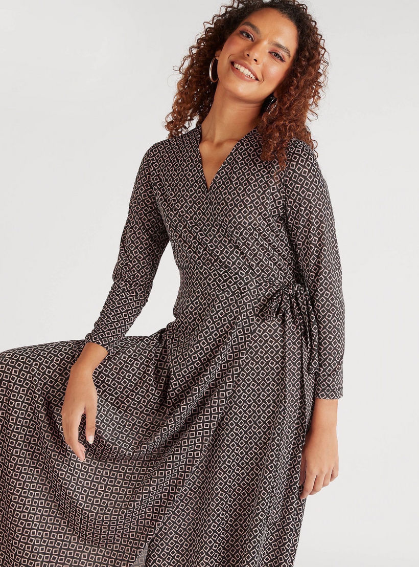 فستان مستدام طويل ملفوف بياقة v وأكمام طويلة-women-clothing-dresses-image-1