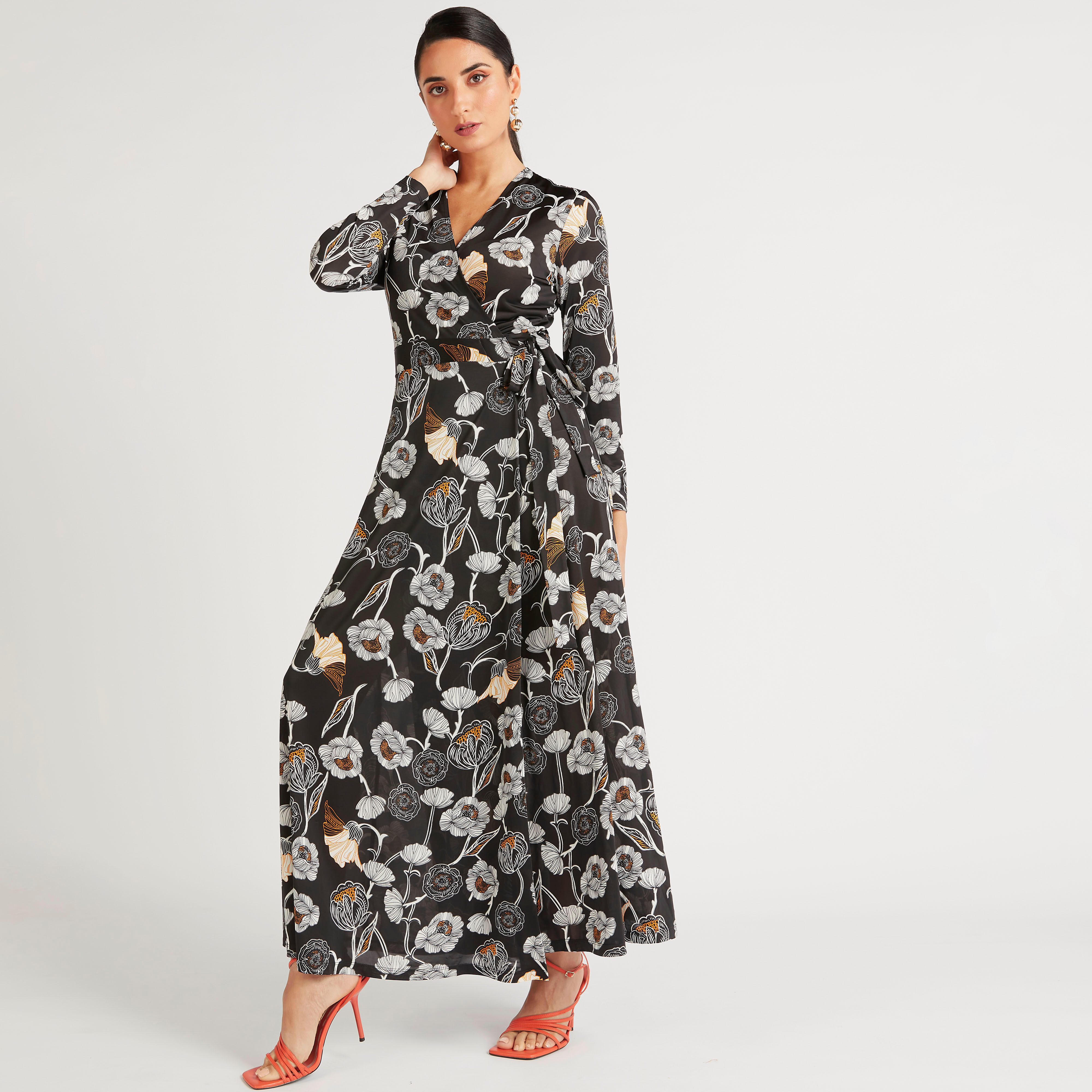 فستان طويل ملفوف بأكمام طويلة وطبعات أزهار-women-clothing-dresses-image-1