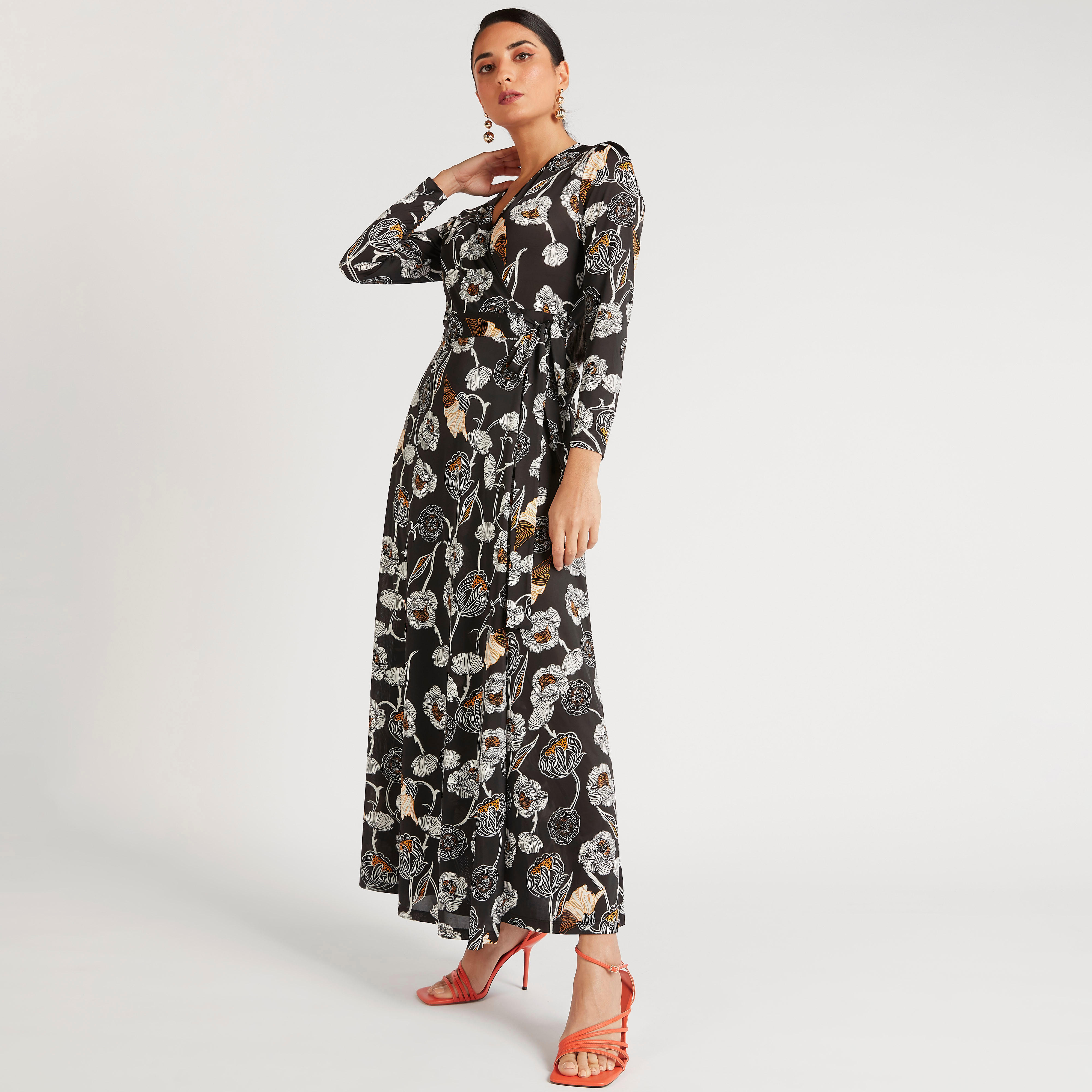 فستان طويل ملفوف بأكمام طويلة وطبعات أزهار-women-clothing-dresses-image-2