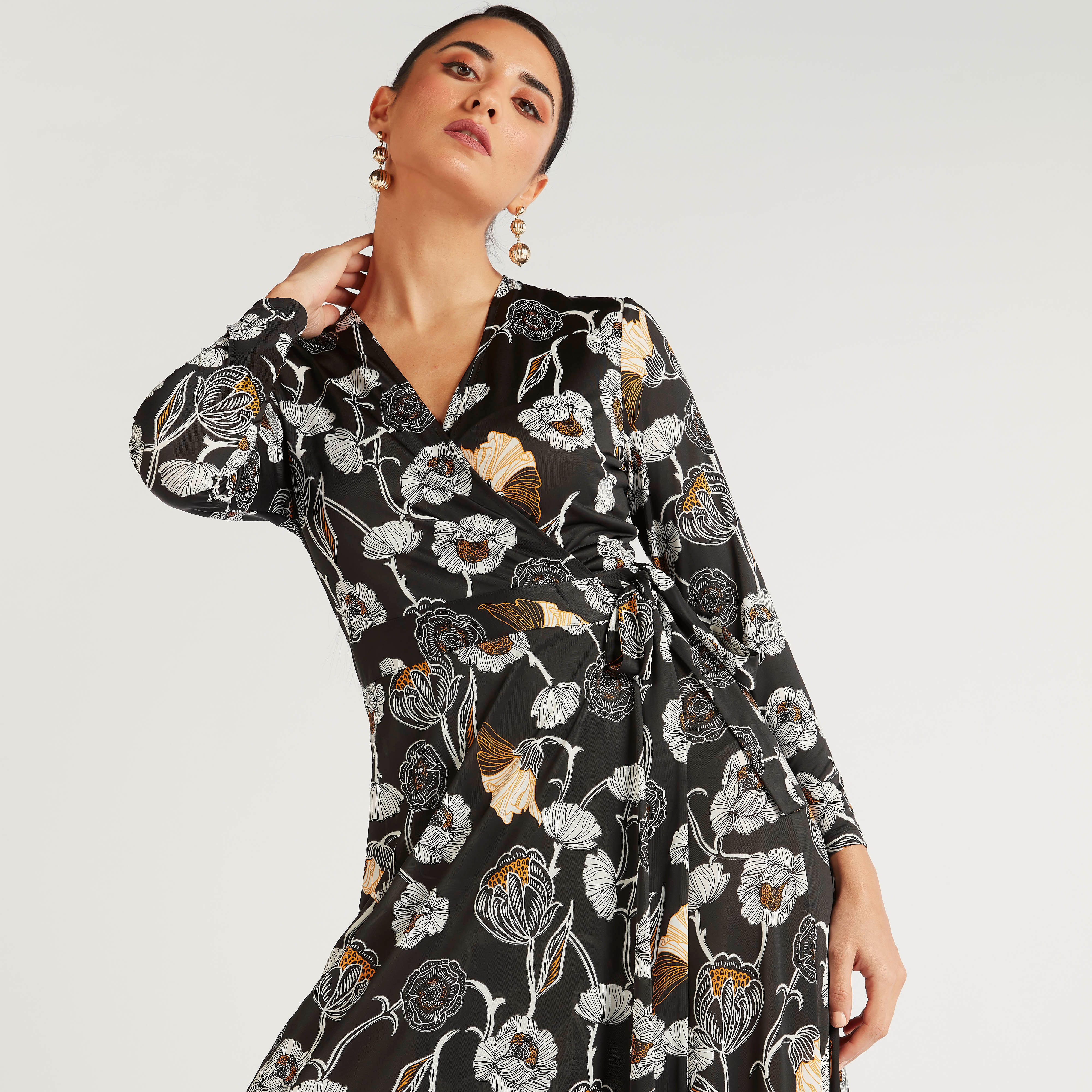 فستان طويل ملفوف بأكمام طويلة وطبعات أزهار-women-clothing-dresses-image-3