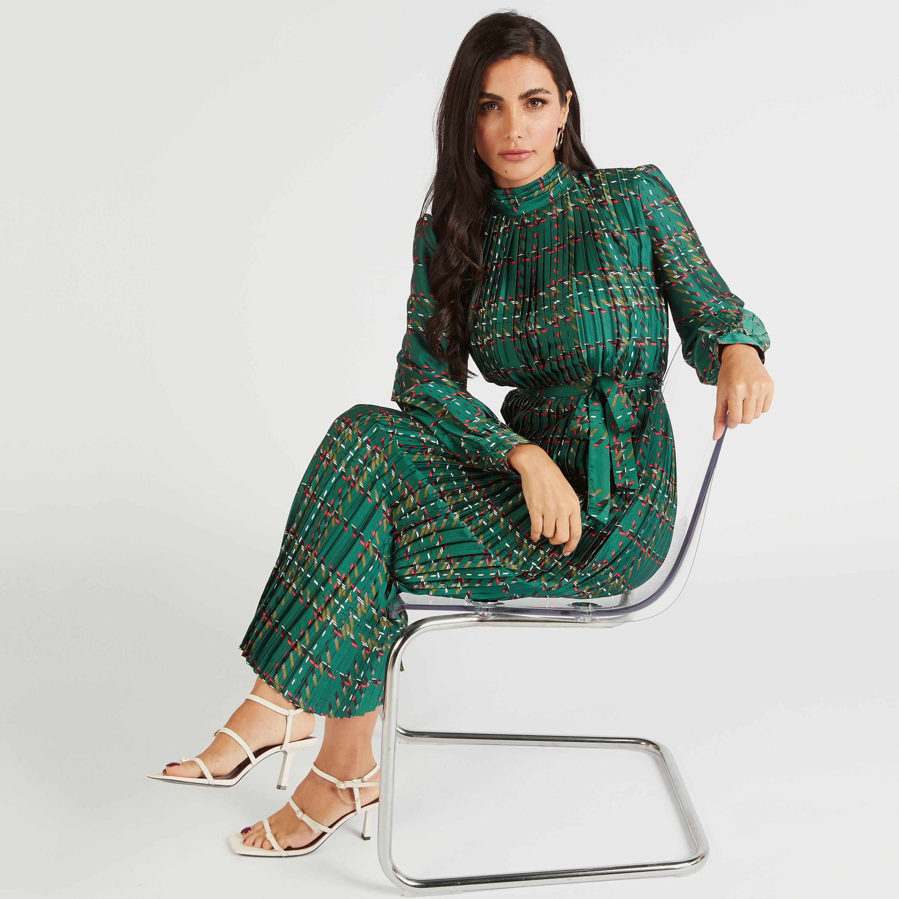 فستان ميدي إيه لاين بكُسرات وحزام رباط وأكمام طويلة-women-clothing-dresses-image-1