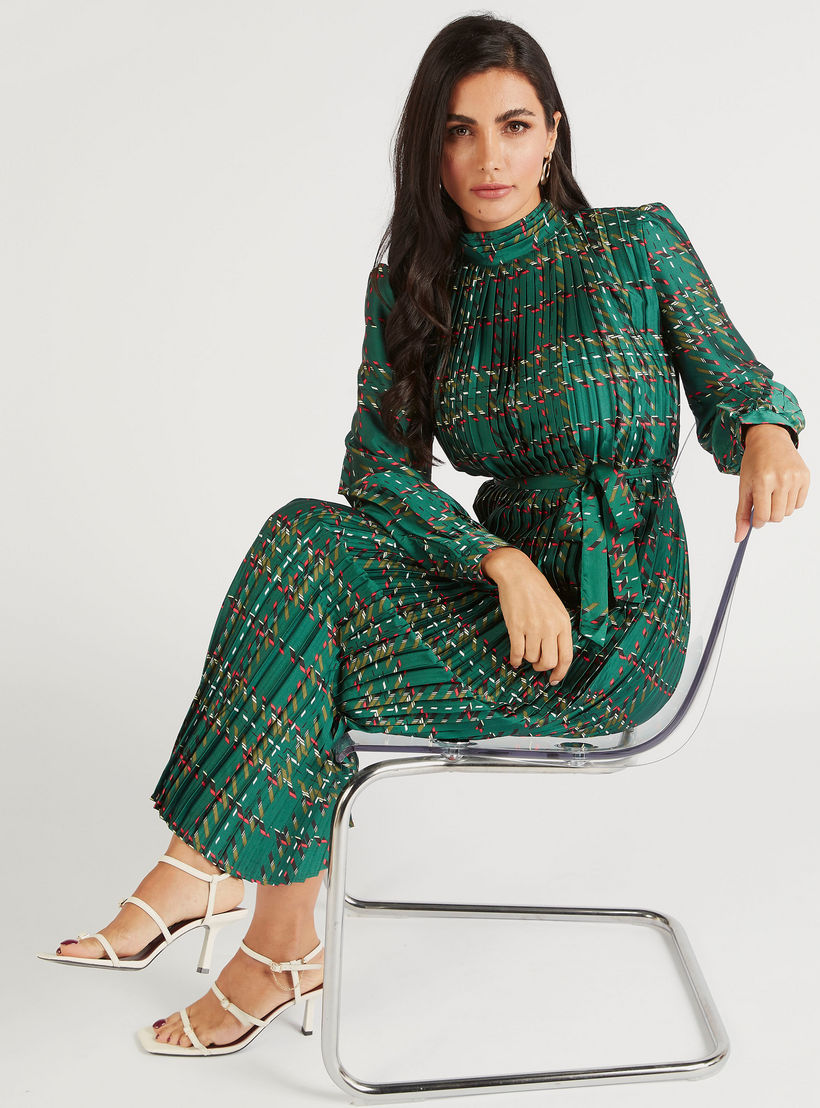 فستان ميدي إيه لاين بكُسرات وحزام رباط وأكمام طويلة-women-clothing-dresses-image-1