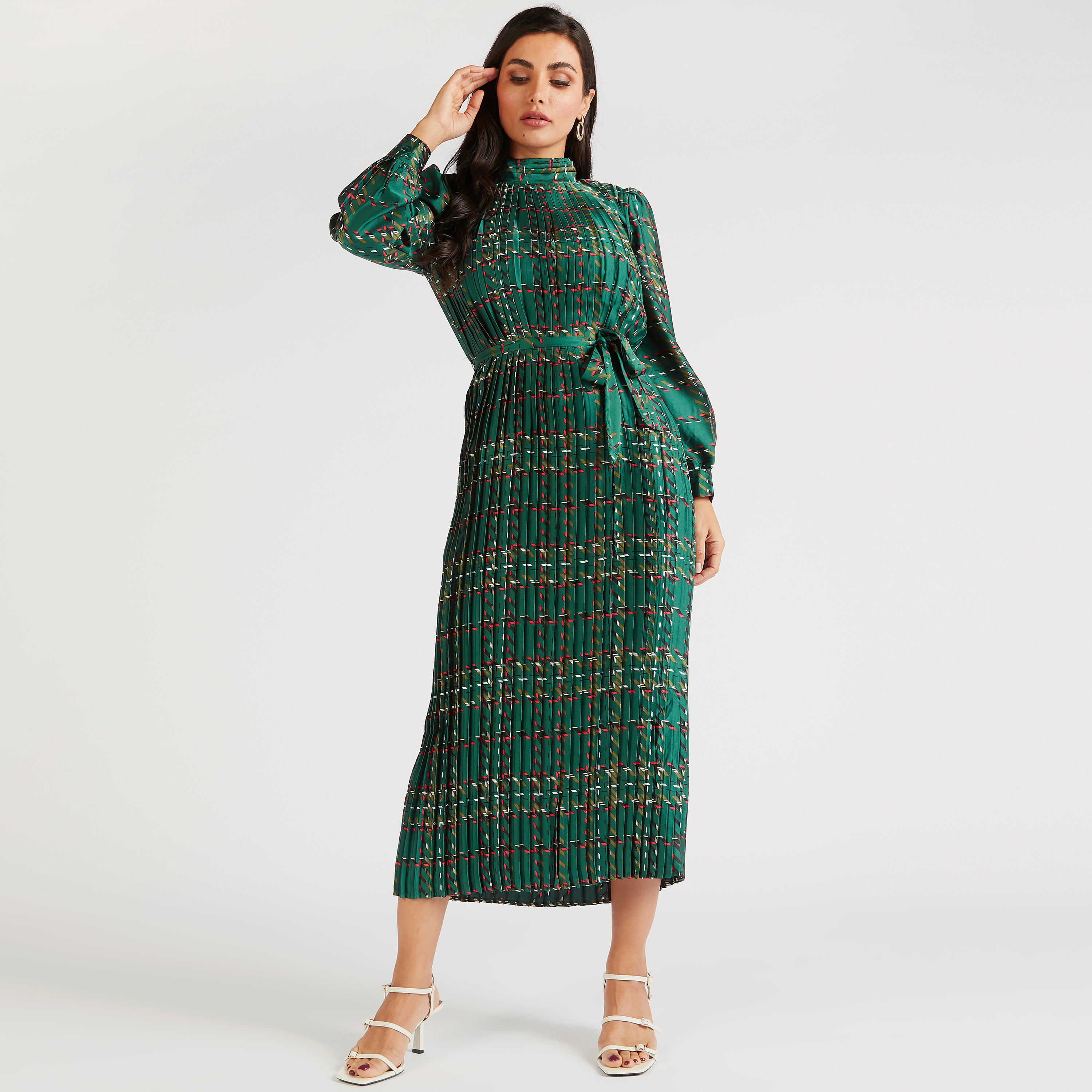 فستان ميدي إيه لاين بكُسرات وحزام رباط وأكمام طويلة-women-clothing-dresses-image-2