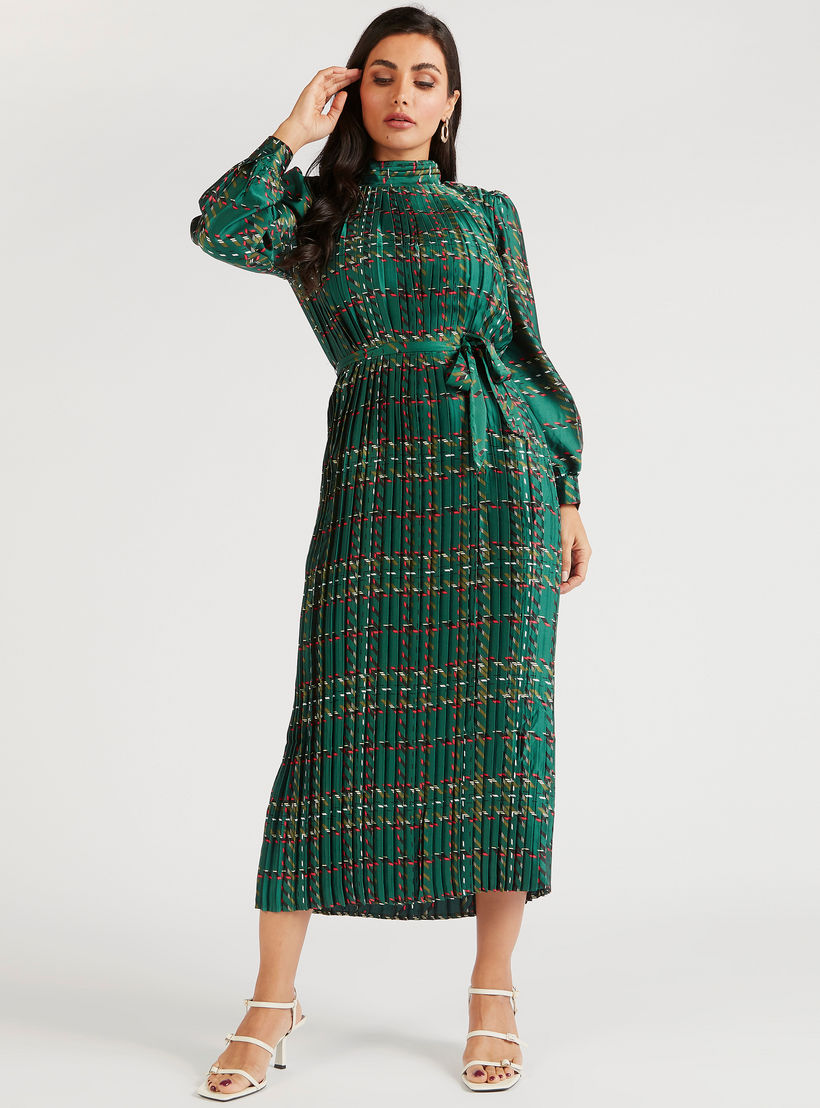 فستان ميدي إيه لاين بكُسرات وحزام رباط وأكمام طويلة-women-clothing-dresses-image-2